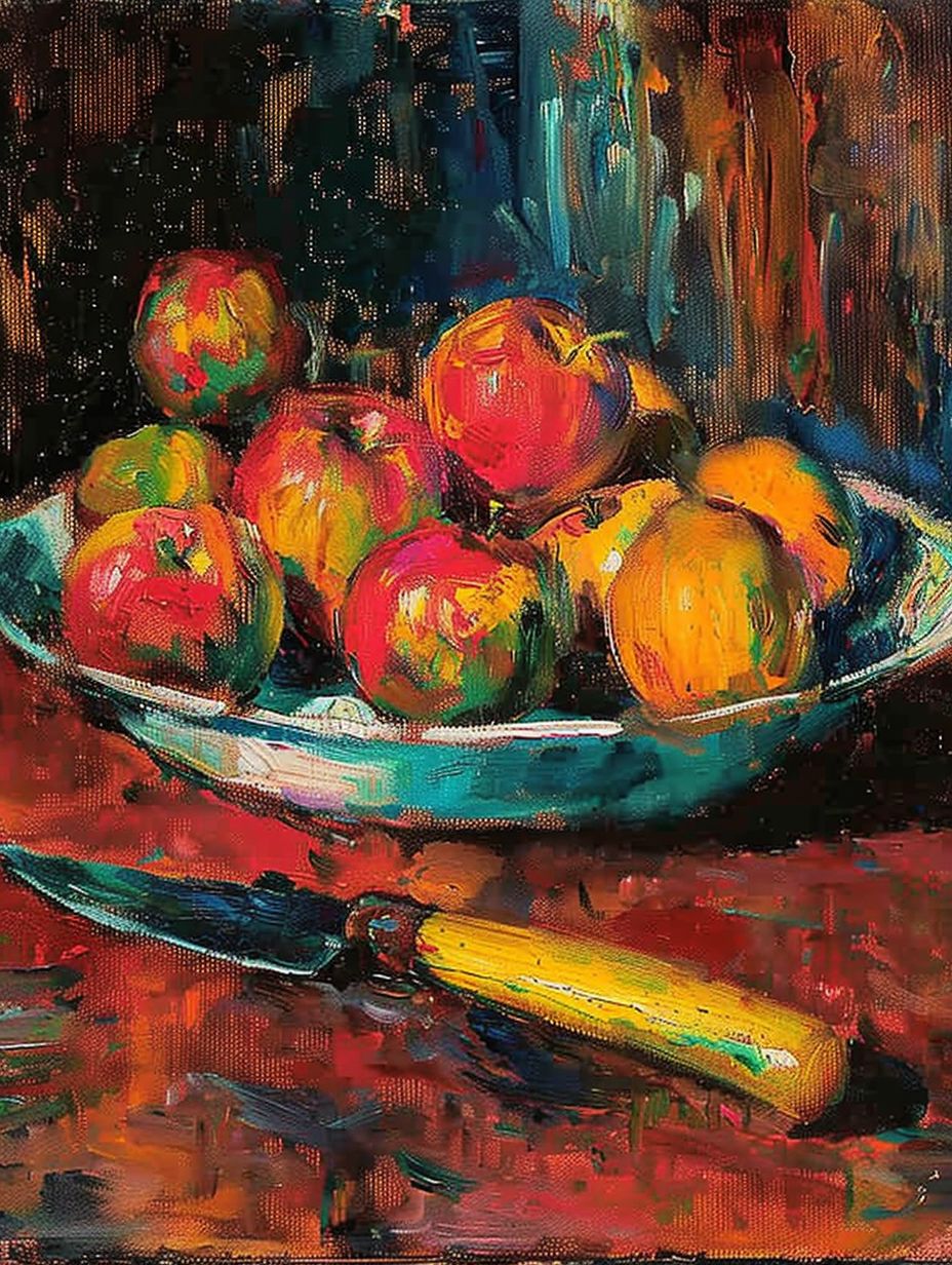 色彩对比:水果与刀的静物画