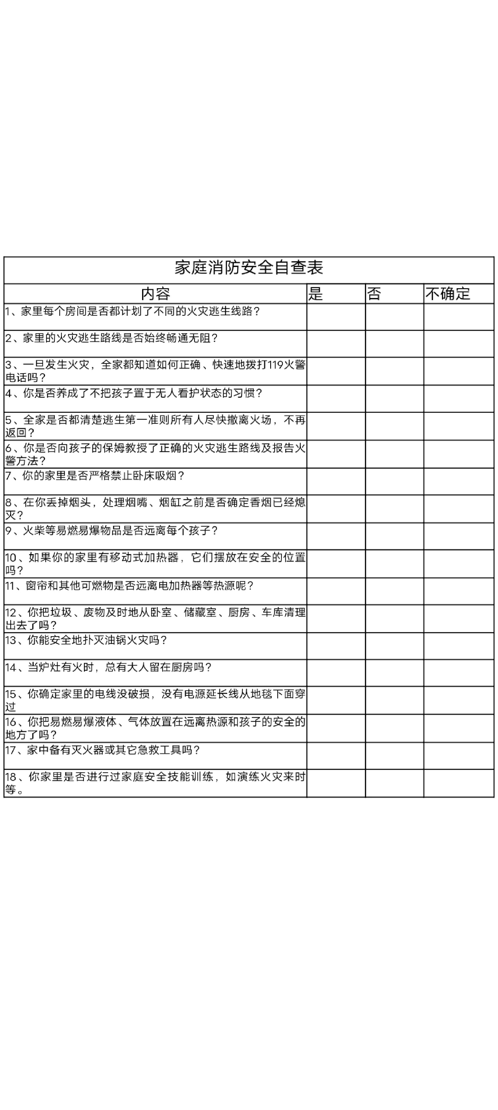 家庭安全自查表图片