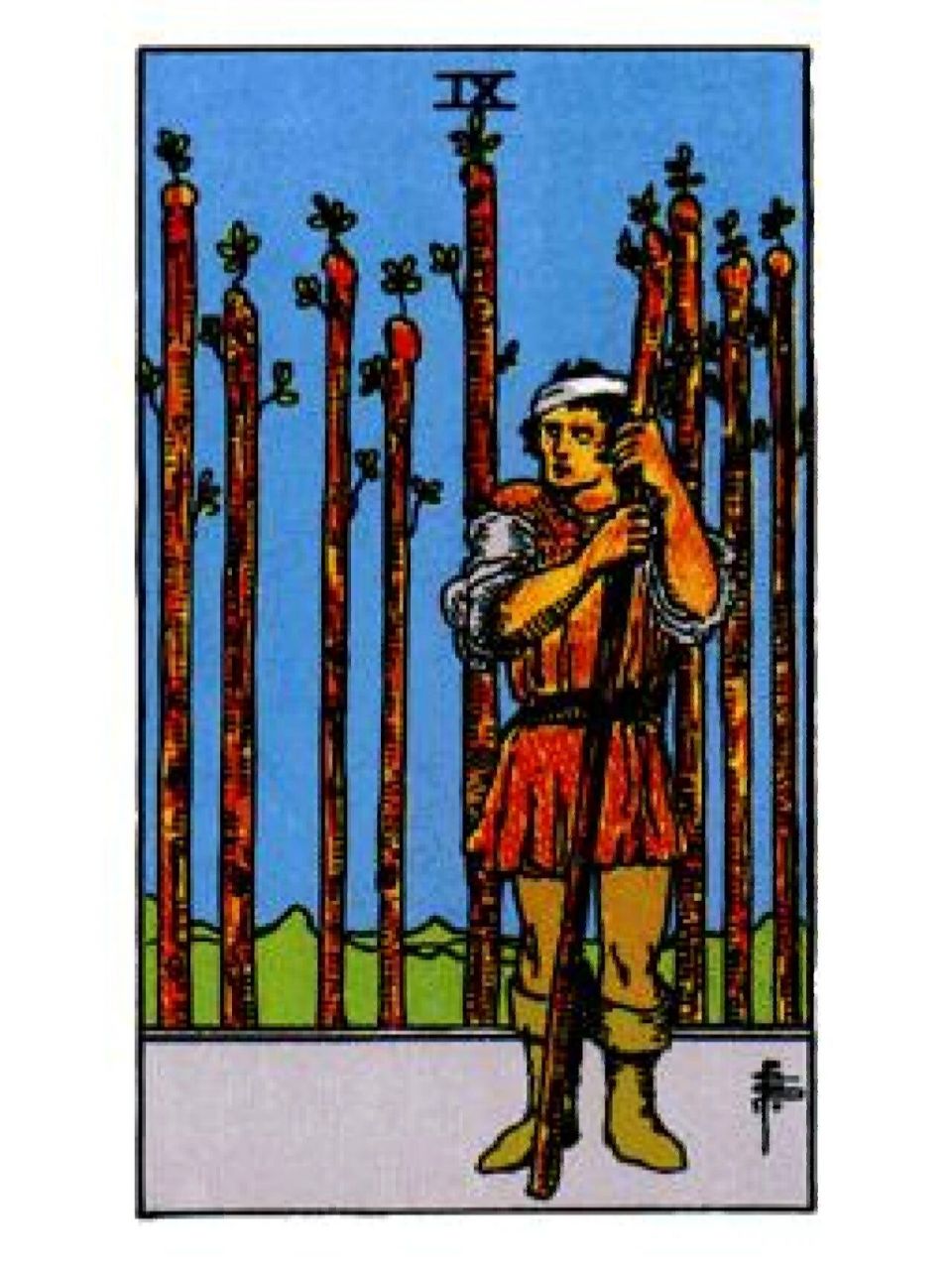 【塔罗零基础】—权杖九正位 权杖九 含义 对承诺是否能完成进行重新