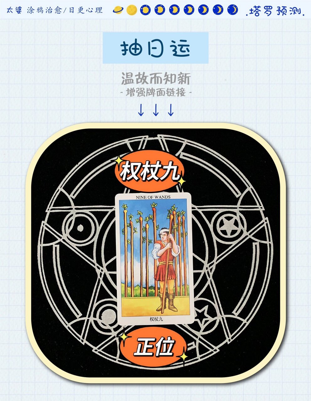 权杖牌组 9号牌 nine of wands 权杖九 正位 	 关键词:警觉,固执,防御