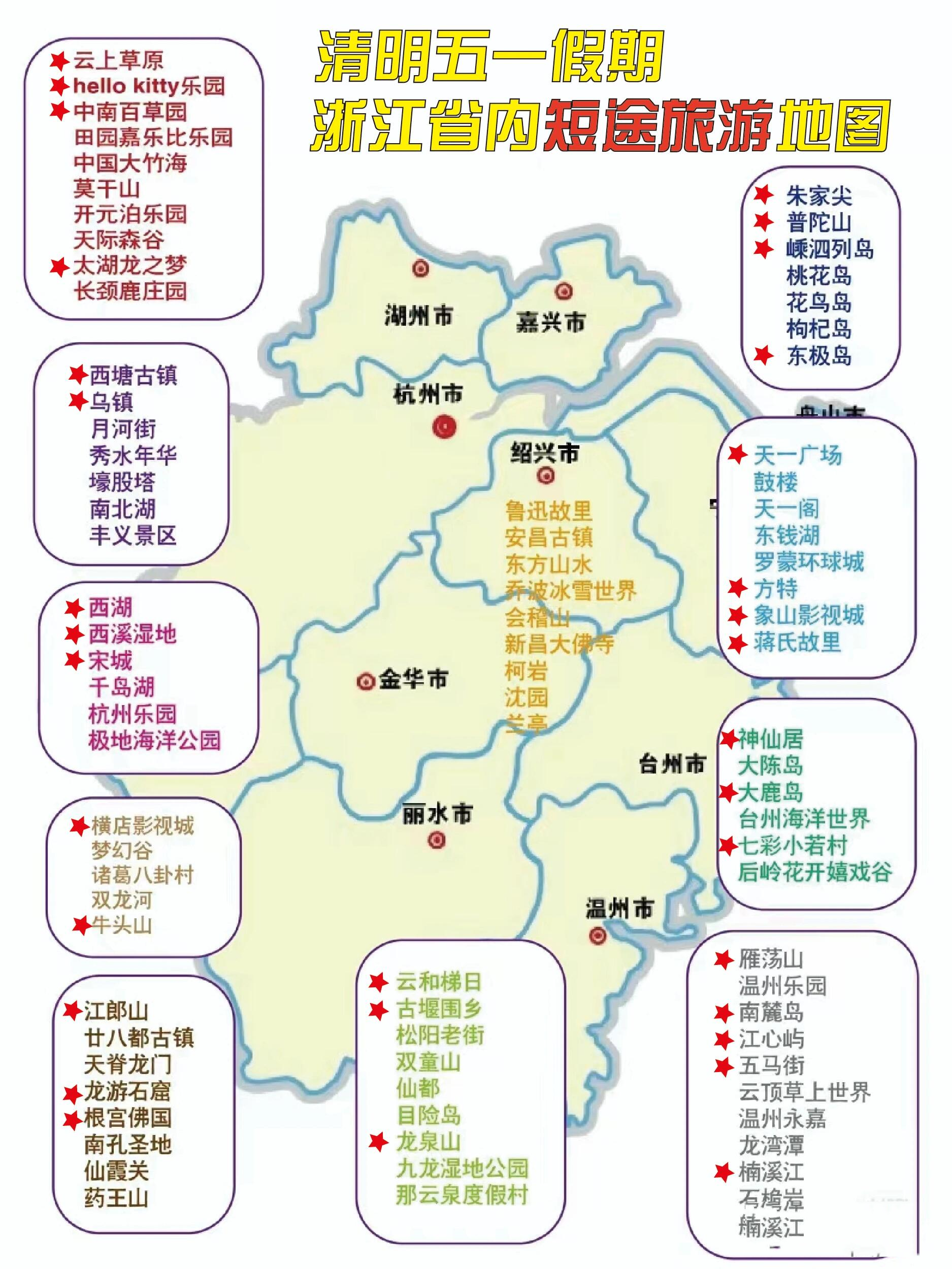 清明五一假期,浙江省内短途旅游地图