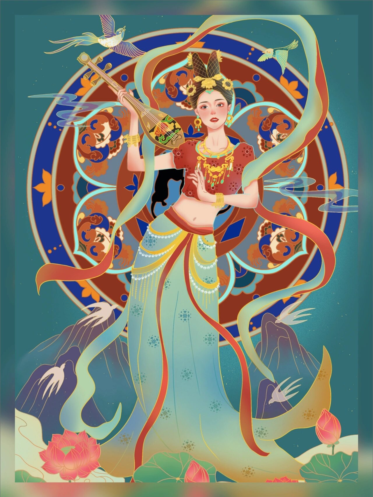 插画分享 | 敦煌风飞天少女 (21)