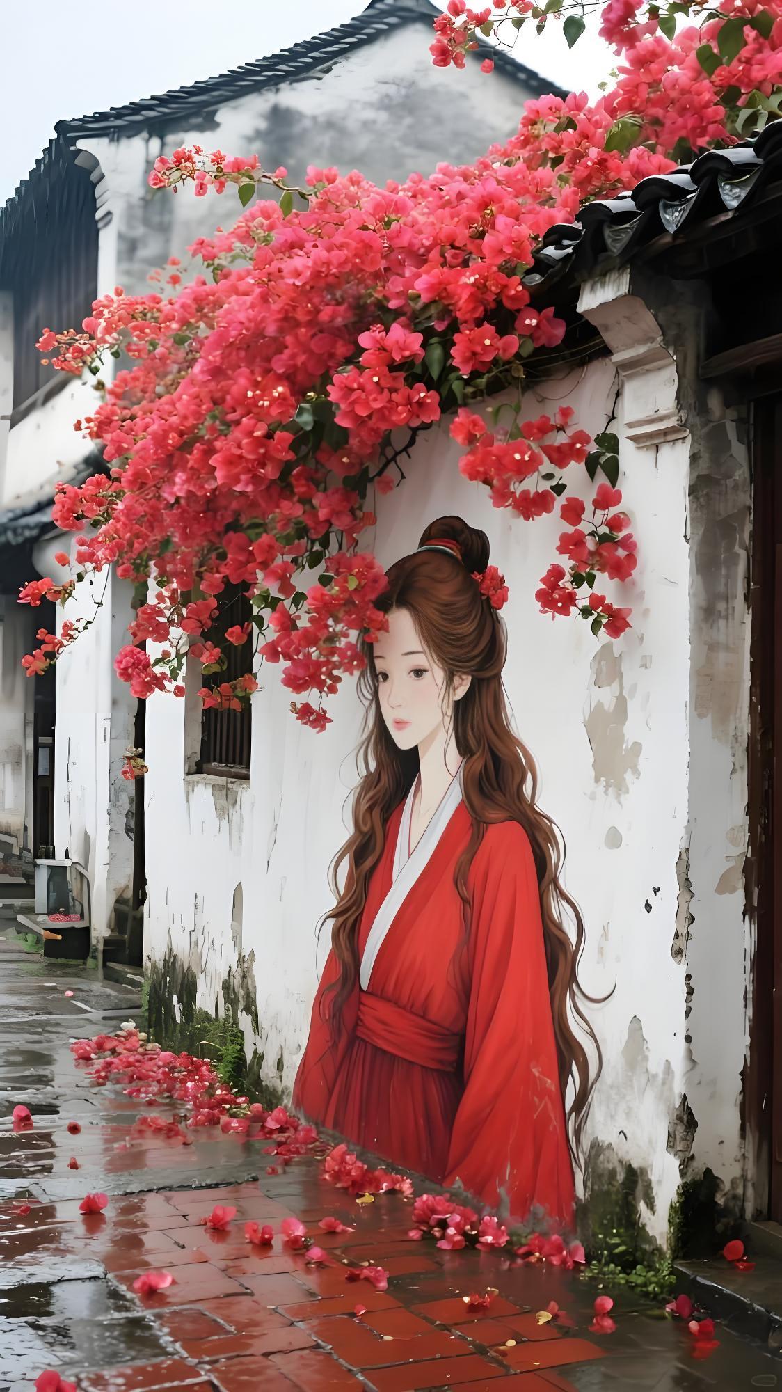 雨后江南,红衣女子倚墙而立,花瓣随风飘落,仿佛穿越千年,梦回那诗意