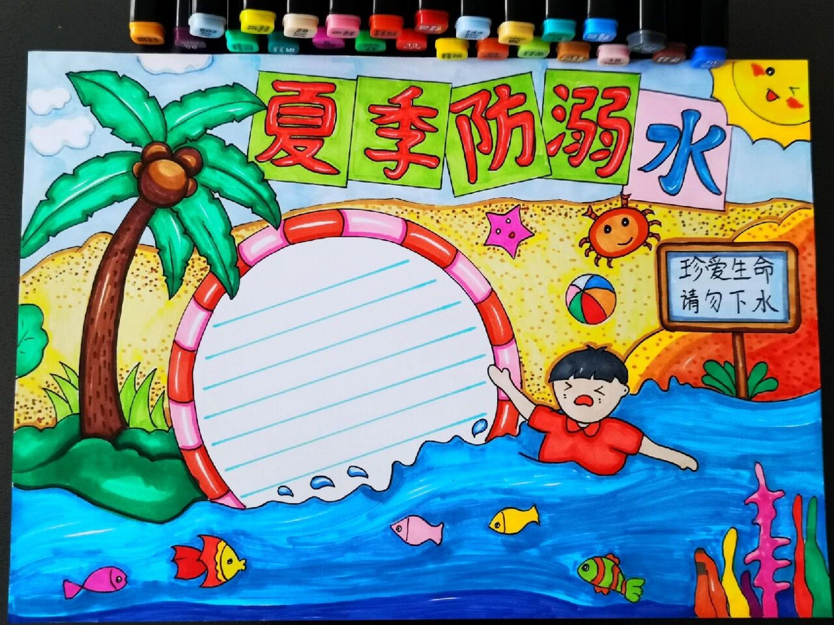 夏季安全教育主题画《夏季防溺水》手抄报