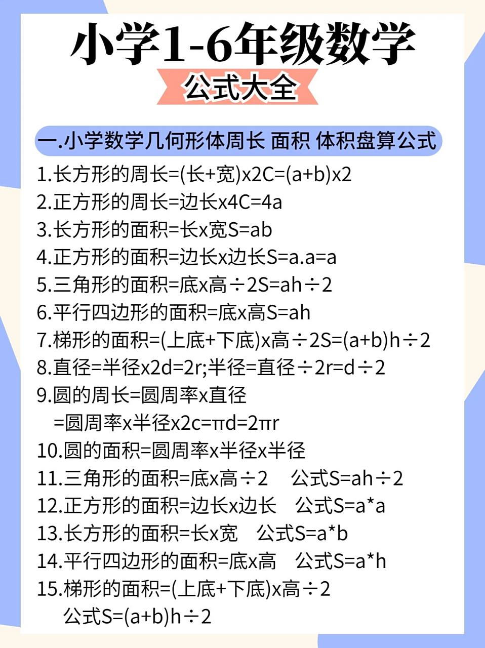 本期内容给大家总结了1-6年级必学的数学公式,希望对孩子们的学业有