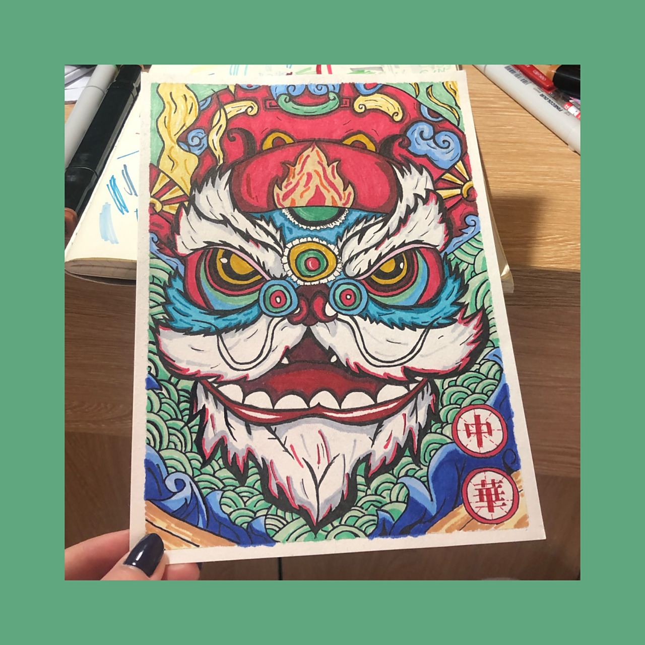 三袋马克找不到一支黑笔可用 靠着我的签字笔画完了全图 中国风元素真