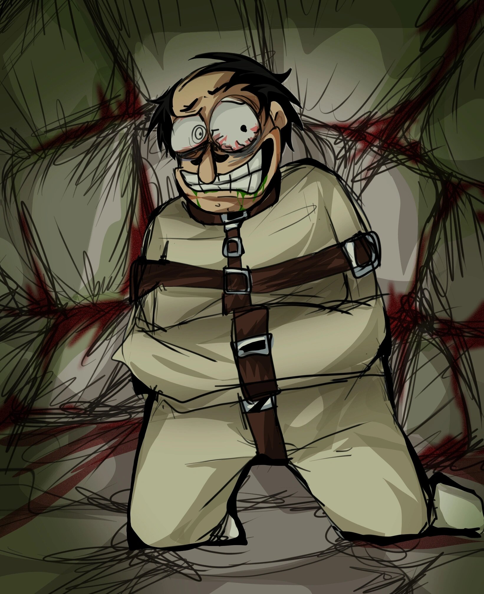 是精神失常被穿上束缚衣关起来的peppino