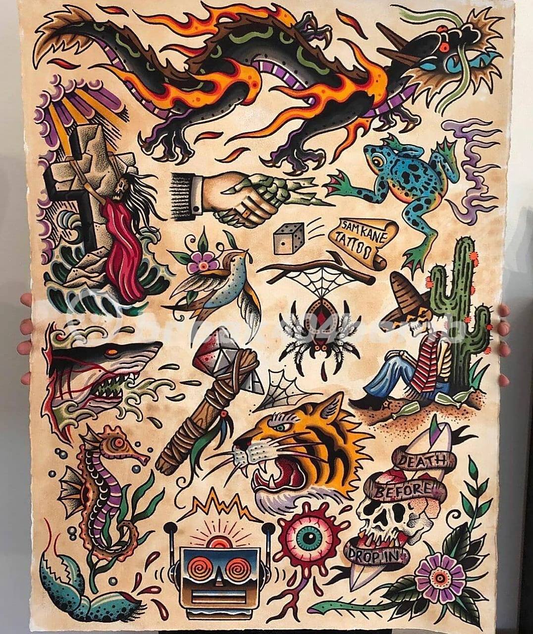 彩色oldschool纹身手稿|花臂拼接素材 适合喜欢彩色的欧美拼接花臂 小