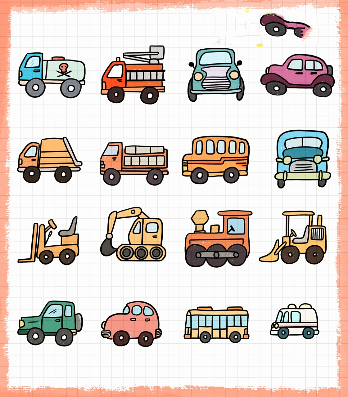 简笔画|简单小汽车挖掘机卡通工程车系列 零基础绘画|简笔画教程|黑白