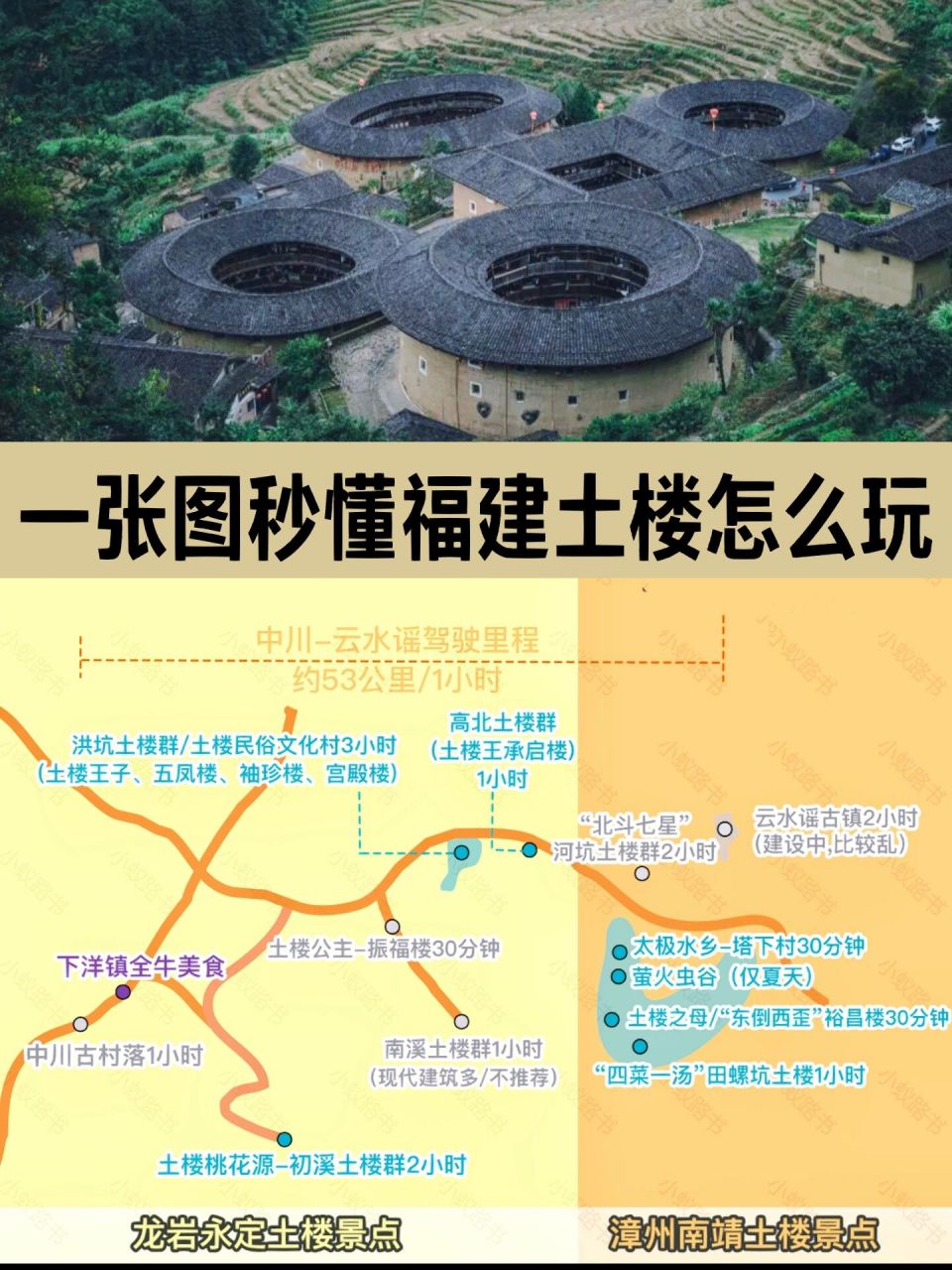 福建土楼三万多座,但主要的参观区域包括: 99龙岩市境内的【永定