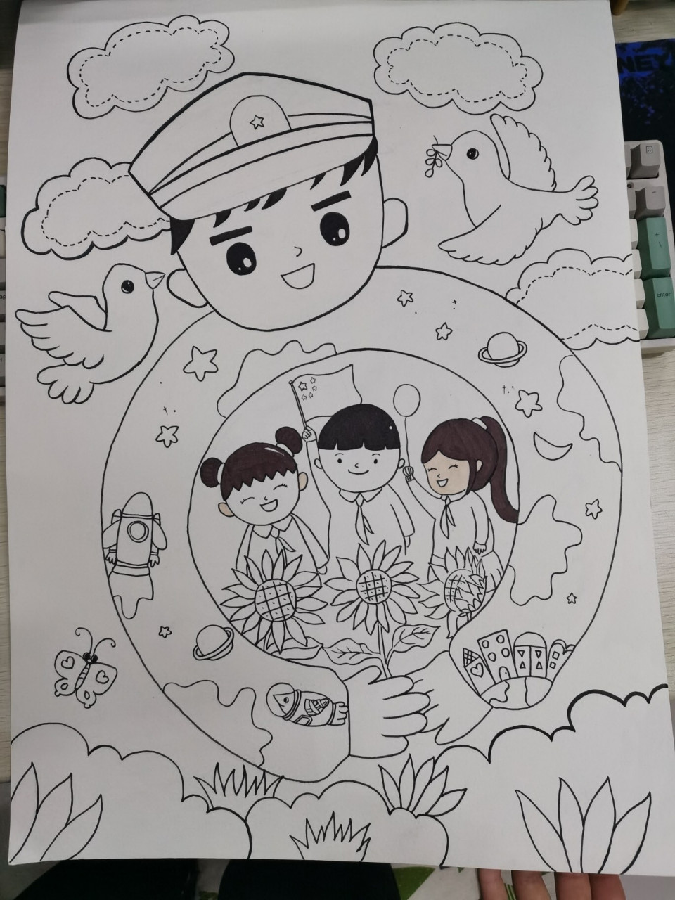 原创儿童画 解放军叔叔 马克笔画 画的是军人哦～画了海军的大檐帽