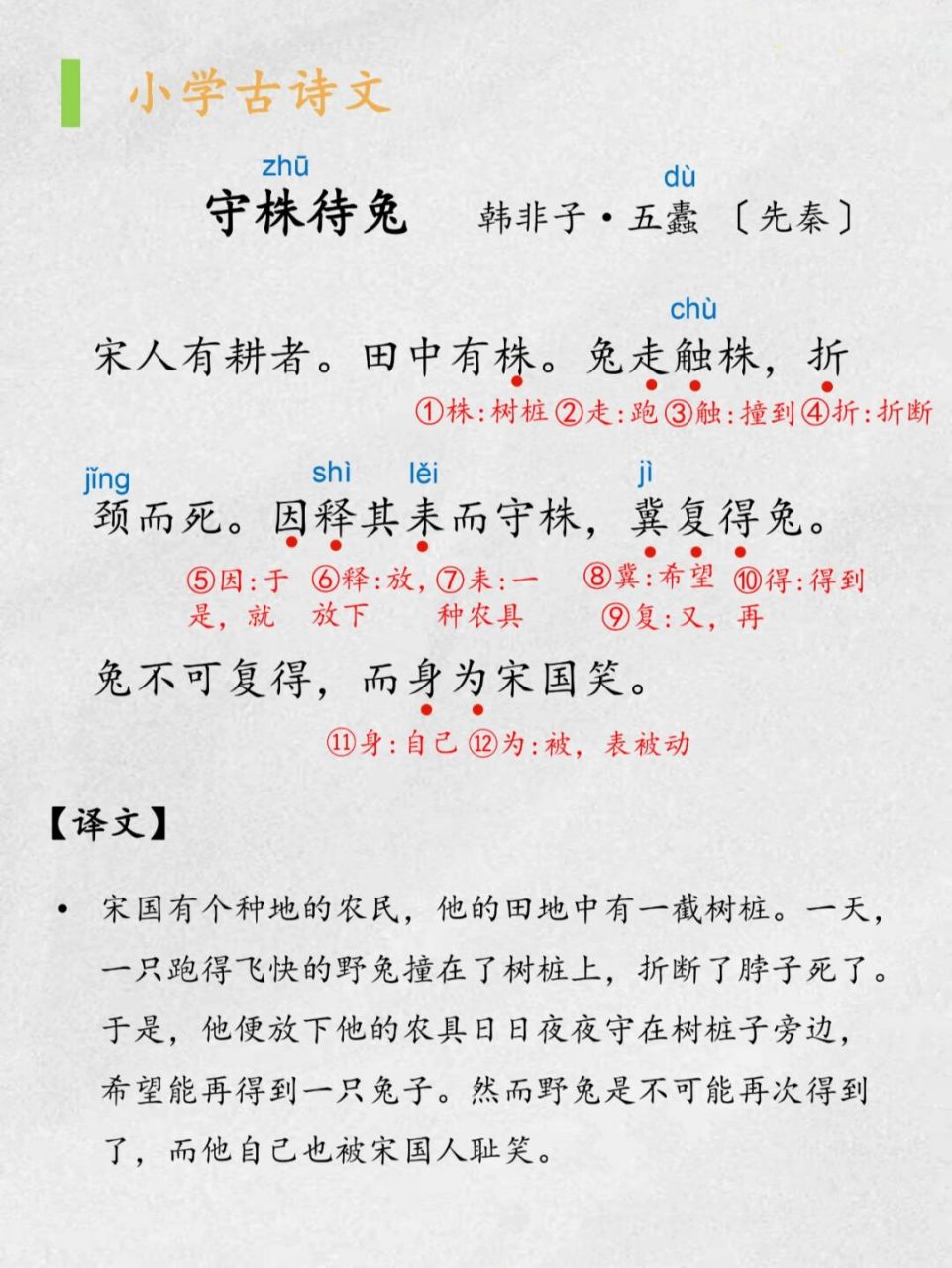 《守株待兔》 《守株待兔  》     韩非子·五蠹 〔先秦〕 	 宋人有