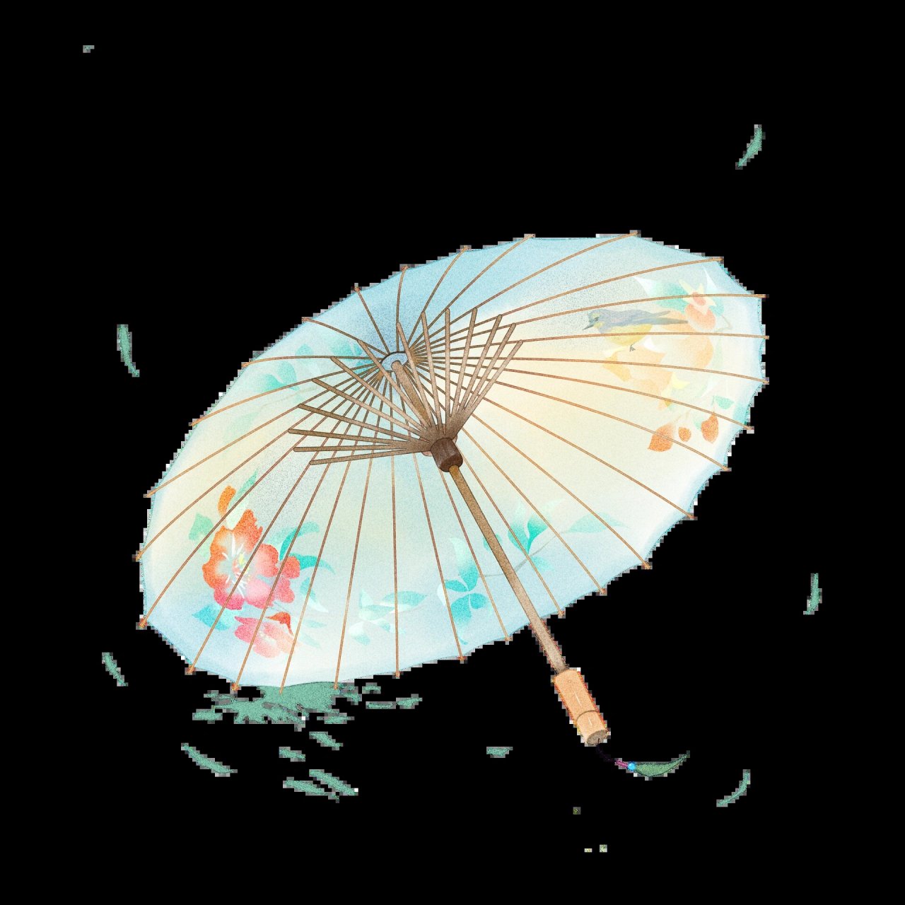 7315唯美水彩古风油纸伞免扣元素古风花