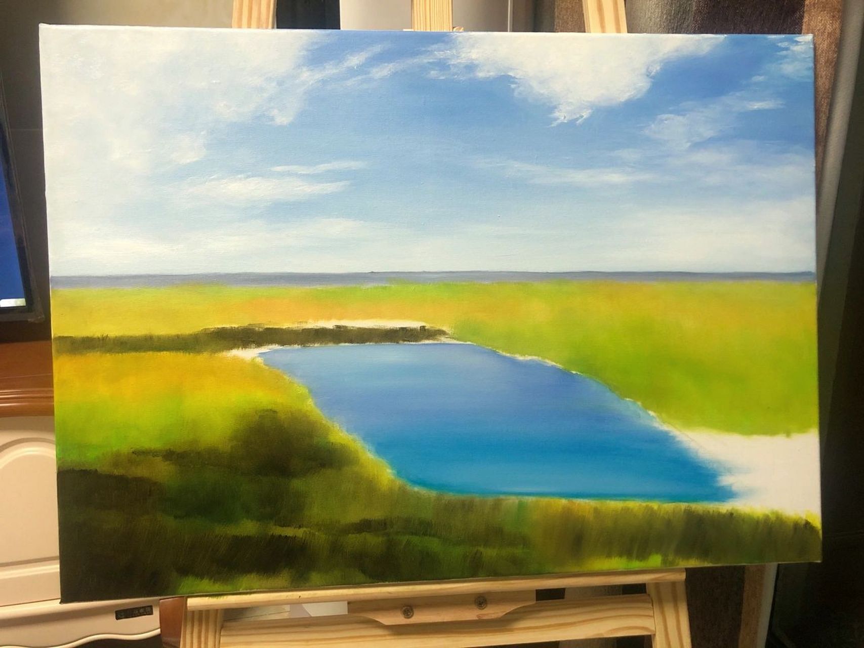 风景油画蓝天白云草地(附步骤图) 尺寸:50*70 油画颜料 临摹尤什科