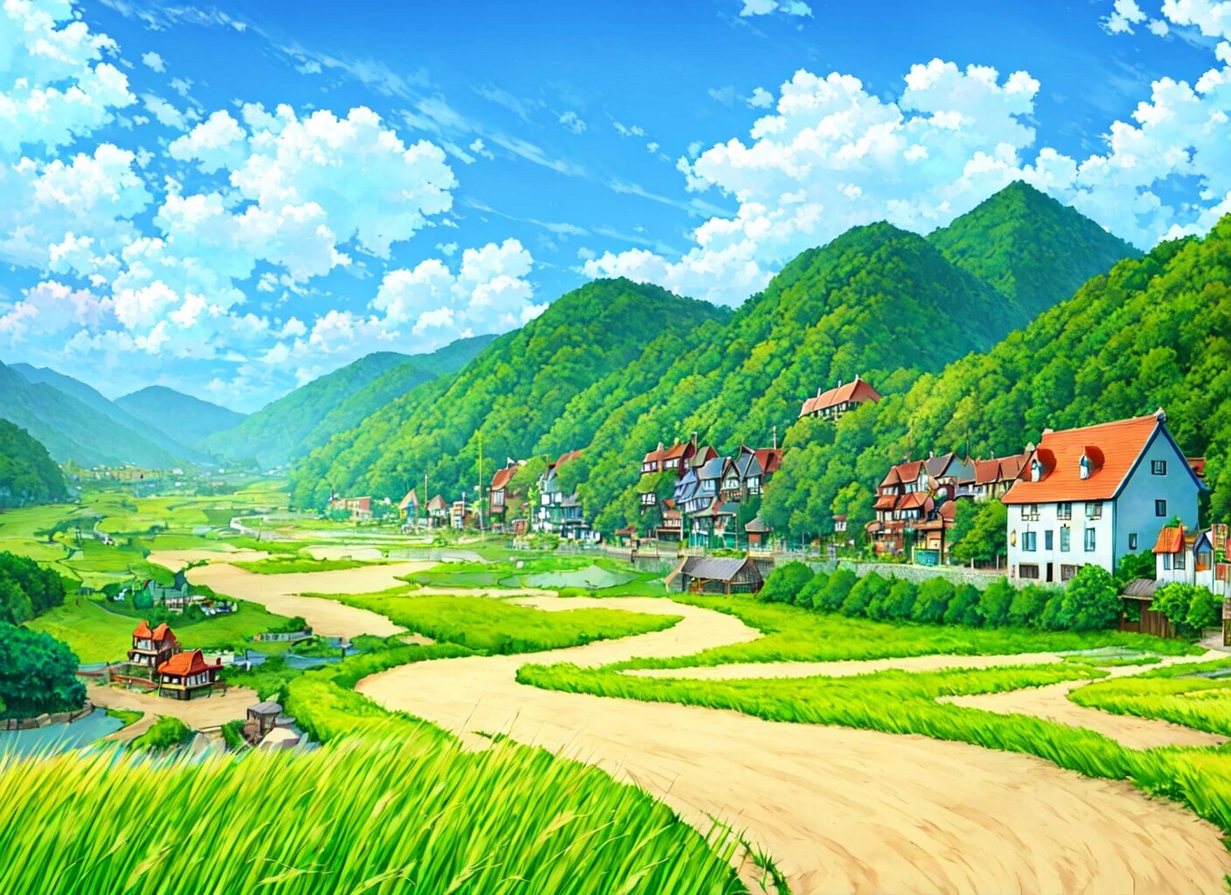 美丽的乡村田园生活 明媚阳光,绿色的草坪,弯弯曲曲的小河,远处的山脉