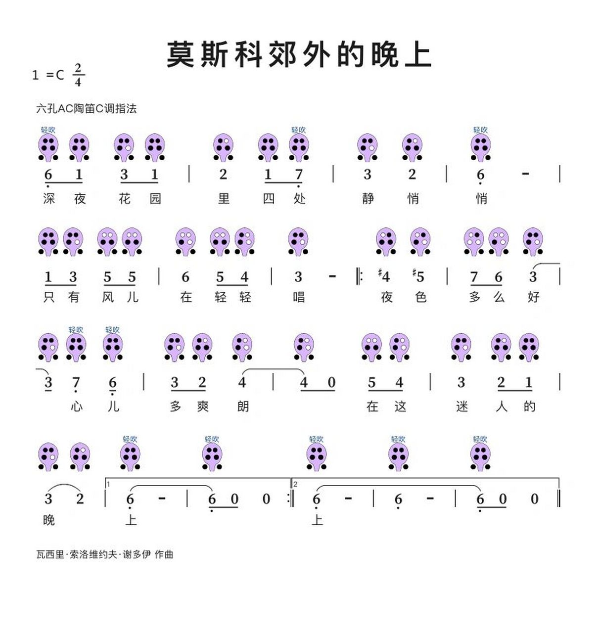 「莫斯科郊外的晚上」6孔陶笛 简谱分享 今天分享一曲世界名曲 真的很