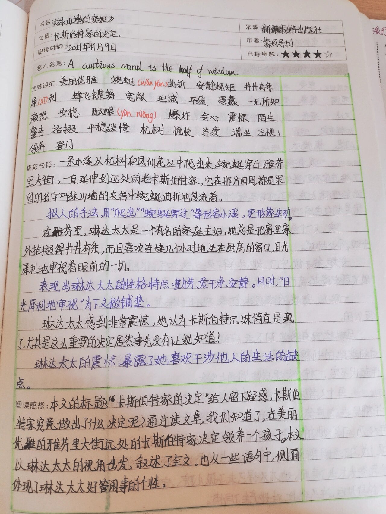 《绿山墙的安妮》读书笔记1～3