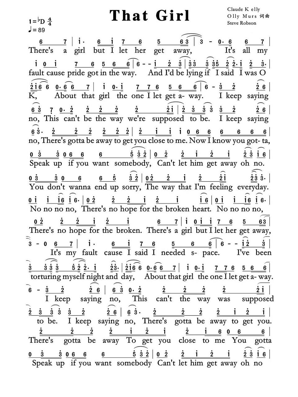 英文歌曲简谱～【that girl】