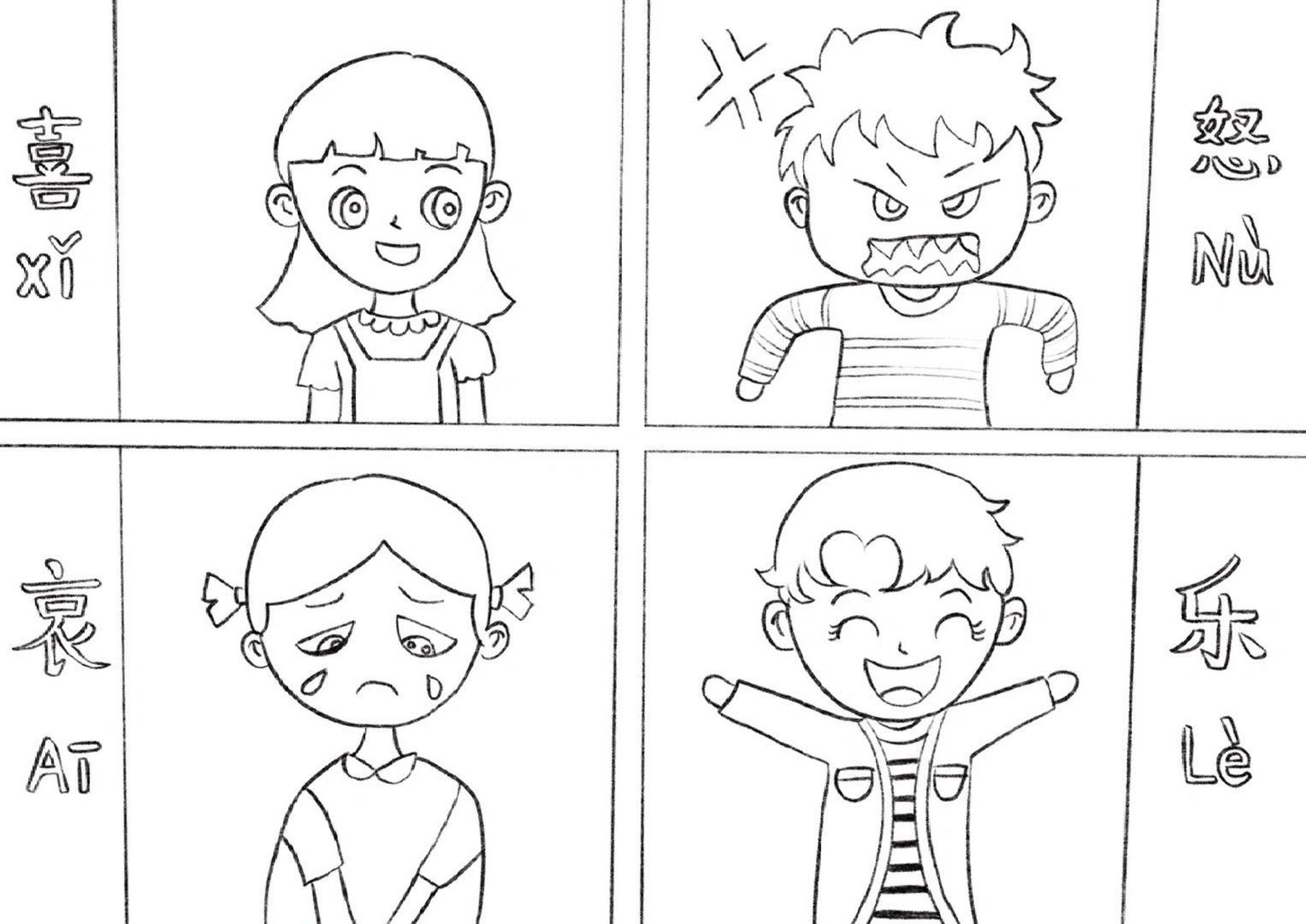 喜怒哀乐,情绪表情手抄报 给娃画的,网上临摹的图,自己画成线稿,有