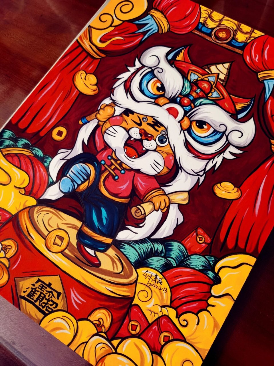 手绘国潮插画,萌虎醒狮闹元宵 《萌虎醒狮闹元宵》