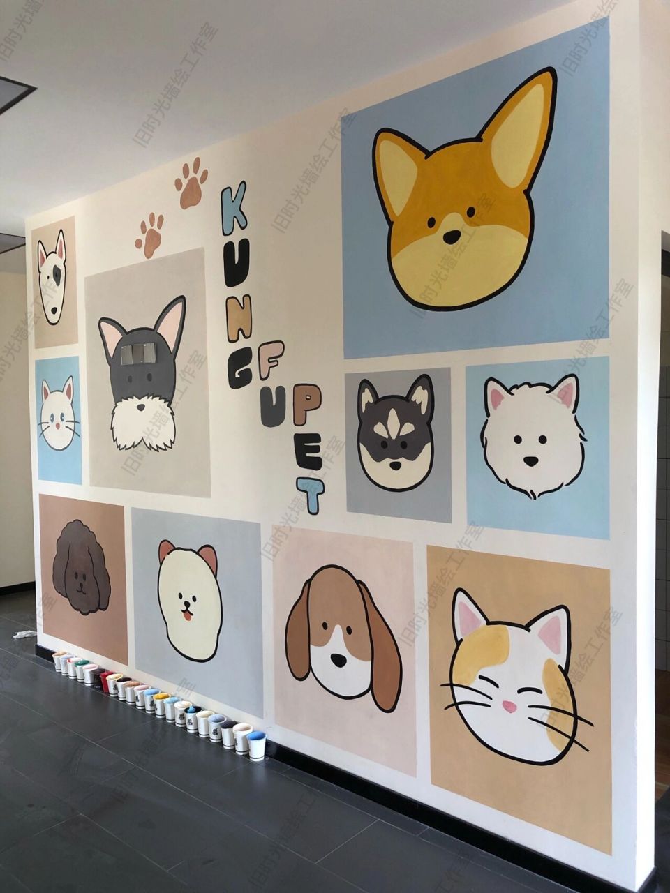 卡通宠物店墙绘涂鸦手绘可爱狗狗猫猫背景墙 案例: 老外街—功夫宠 一