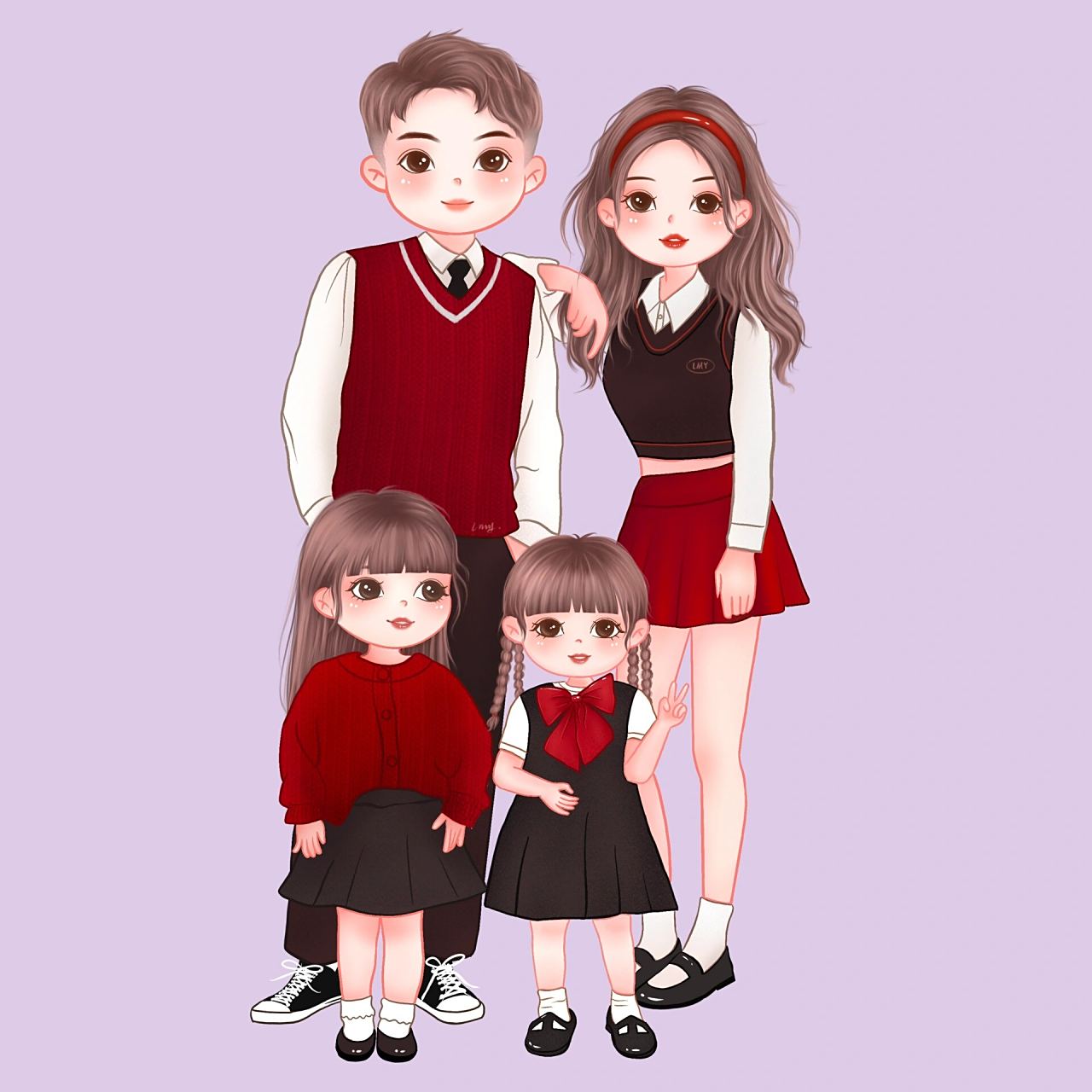 一家四口,两女儿头像,红色喜庆