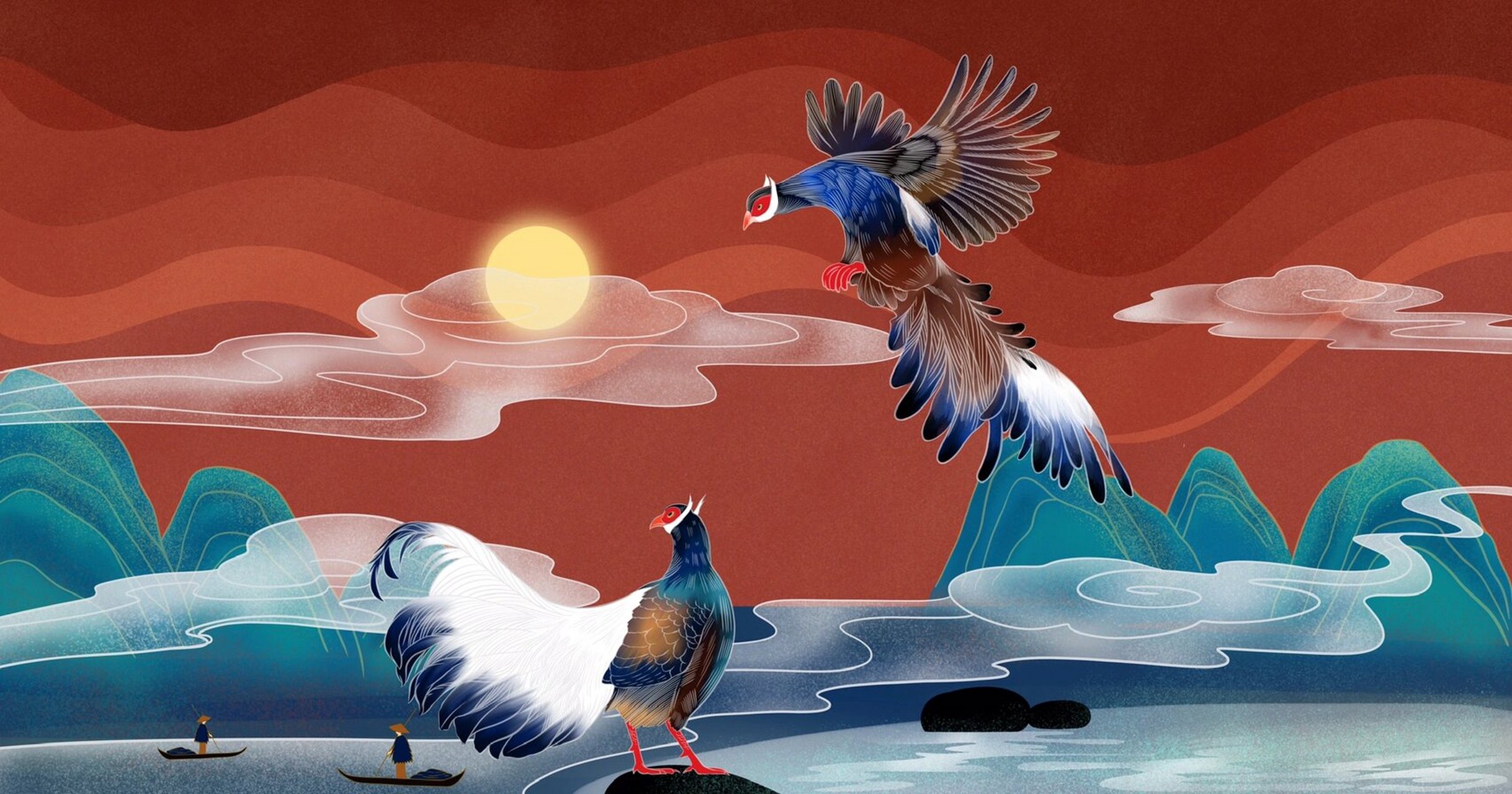 国风插画《珍稀动物褐马鸡》