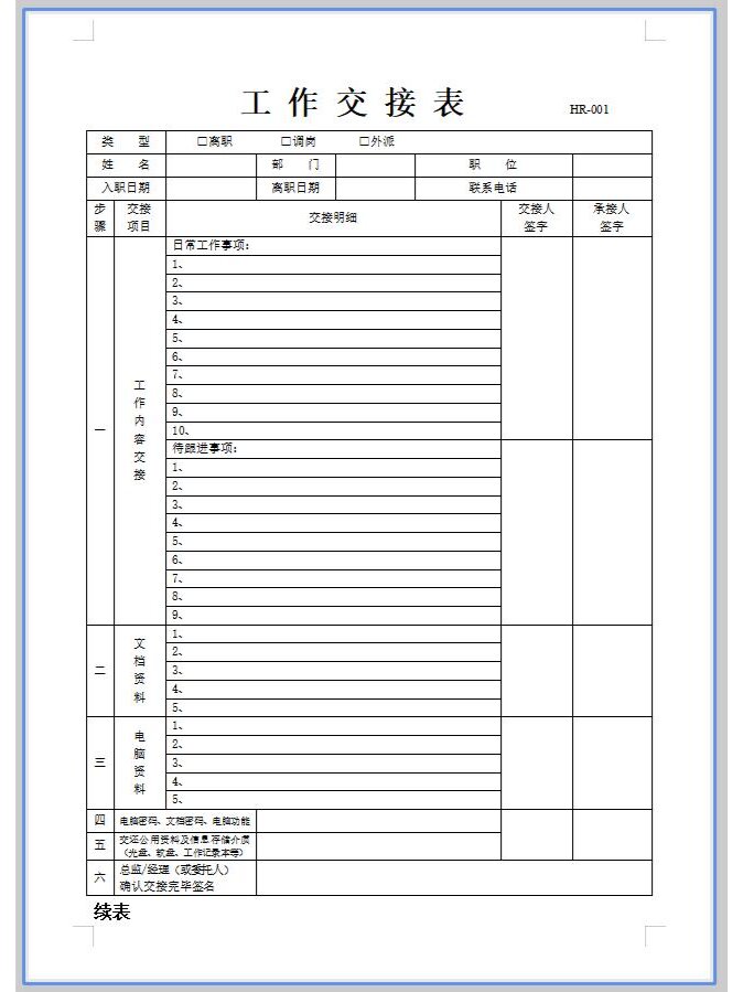 工作交接表空白表word模板