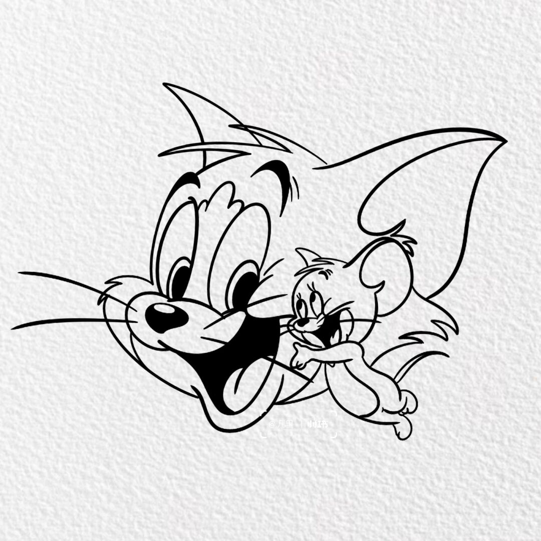 涂色汤姆比心铅笔画猫和老鼠黑白稿画画简笔画汤姆和杰瑞铅笔白底画画