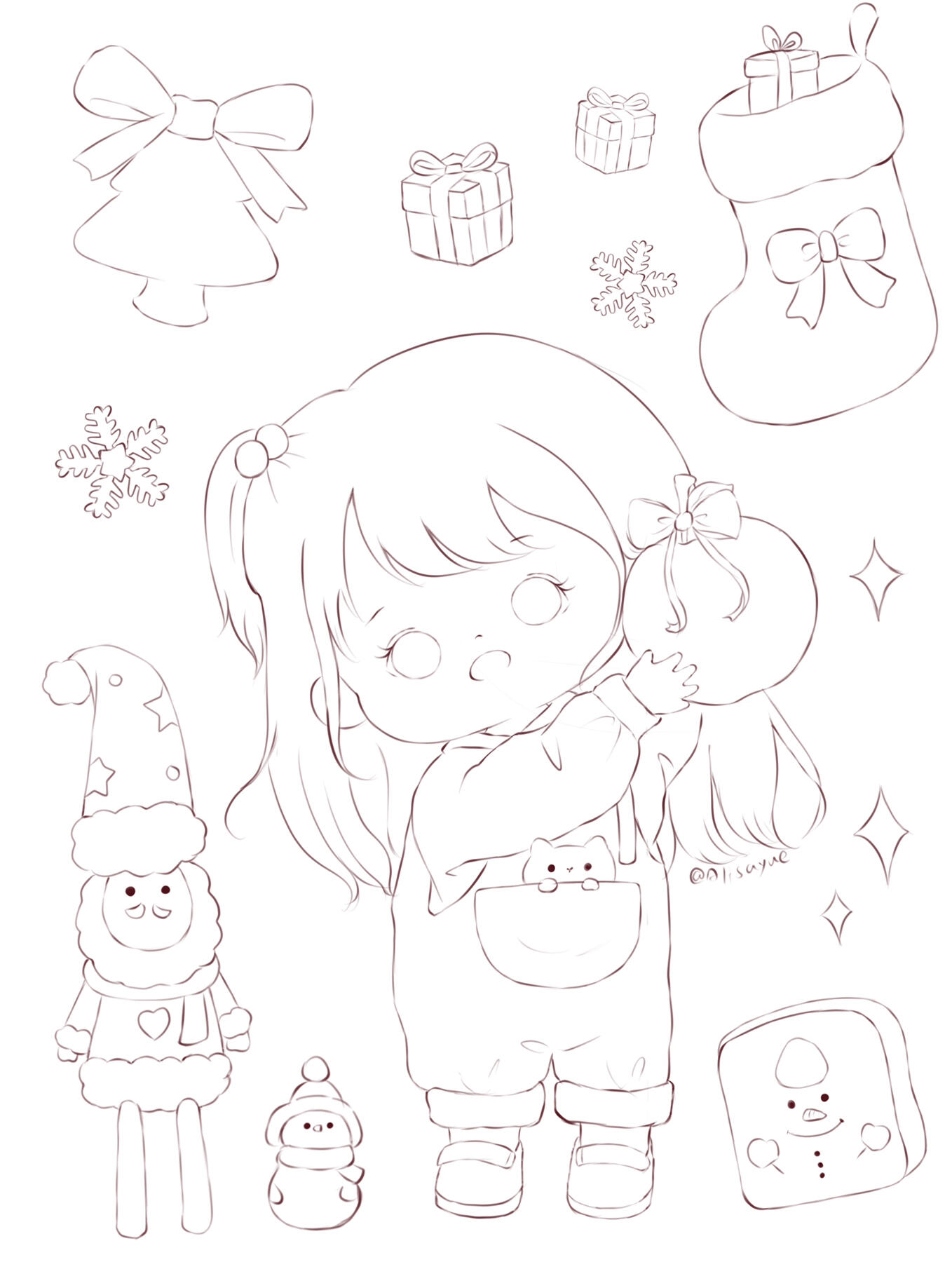 原创萌娃圣诞主题插画线稿