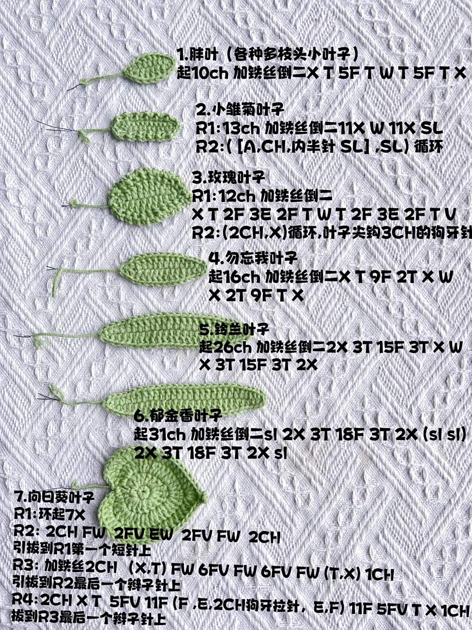 常用钩织叶子图解合集 不用再花时间找图解    有没有像我一样的 隔一