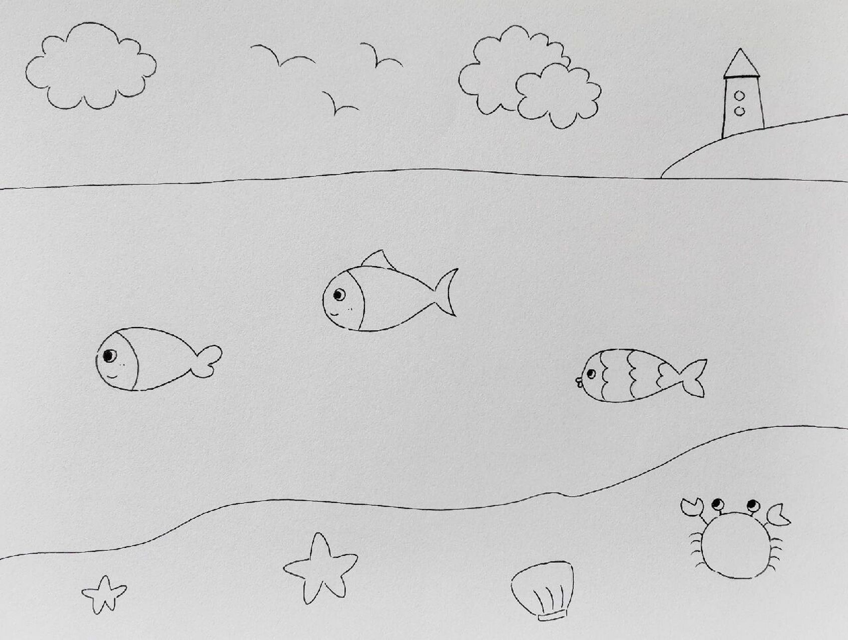 大海 海洋主题儿童画 幼儿园简笔画 材料或工具:勾线笔,彩铅 我用的是