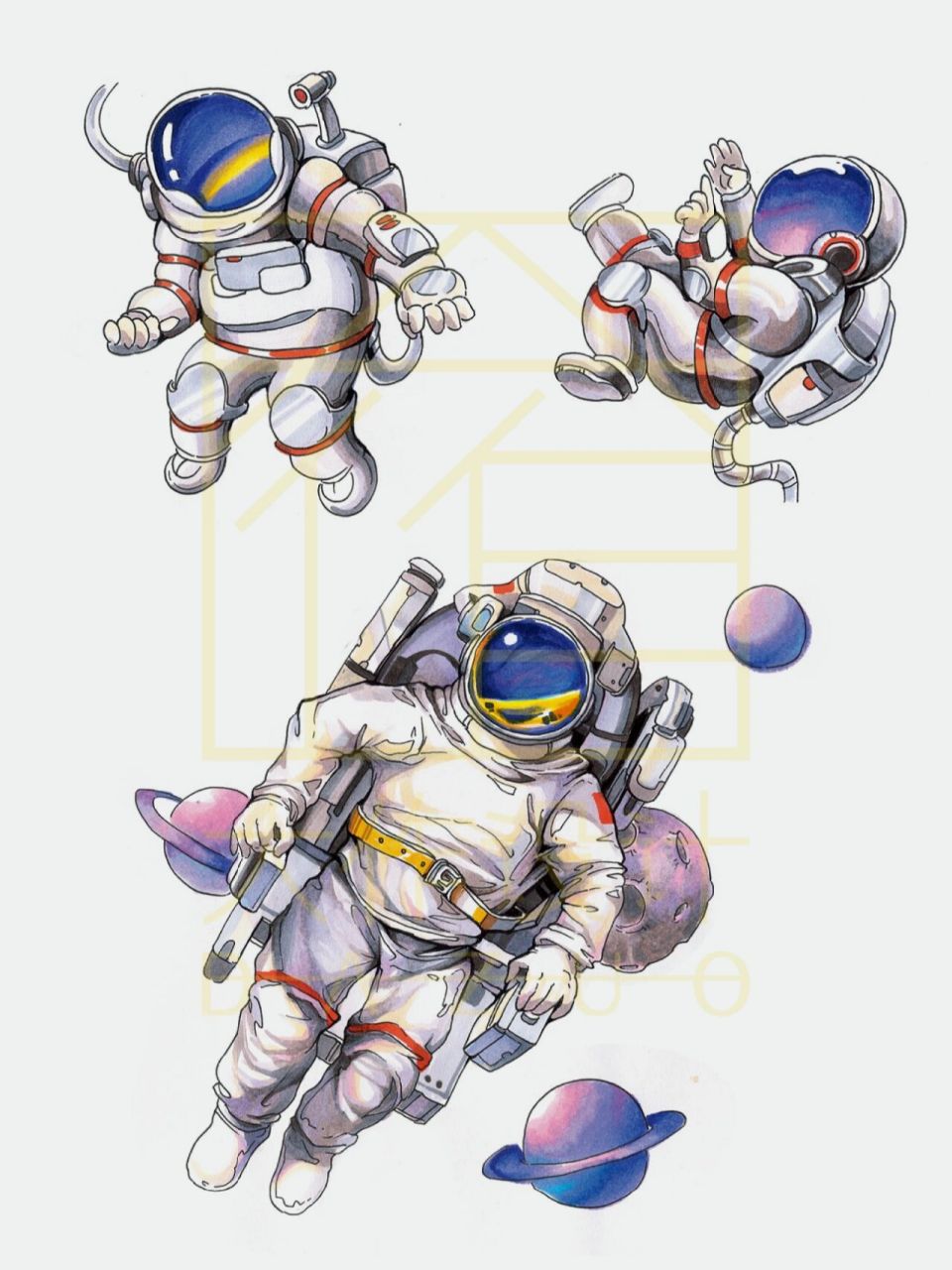 马克笔手绘丨宇航员系列画 宇航梦99 三种动态的宇航员