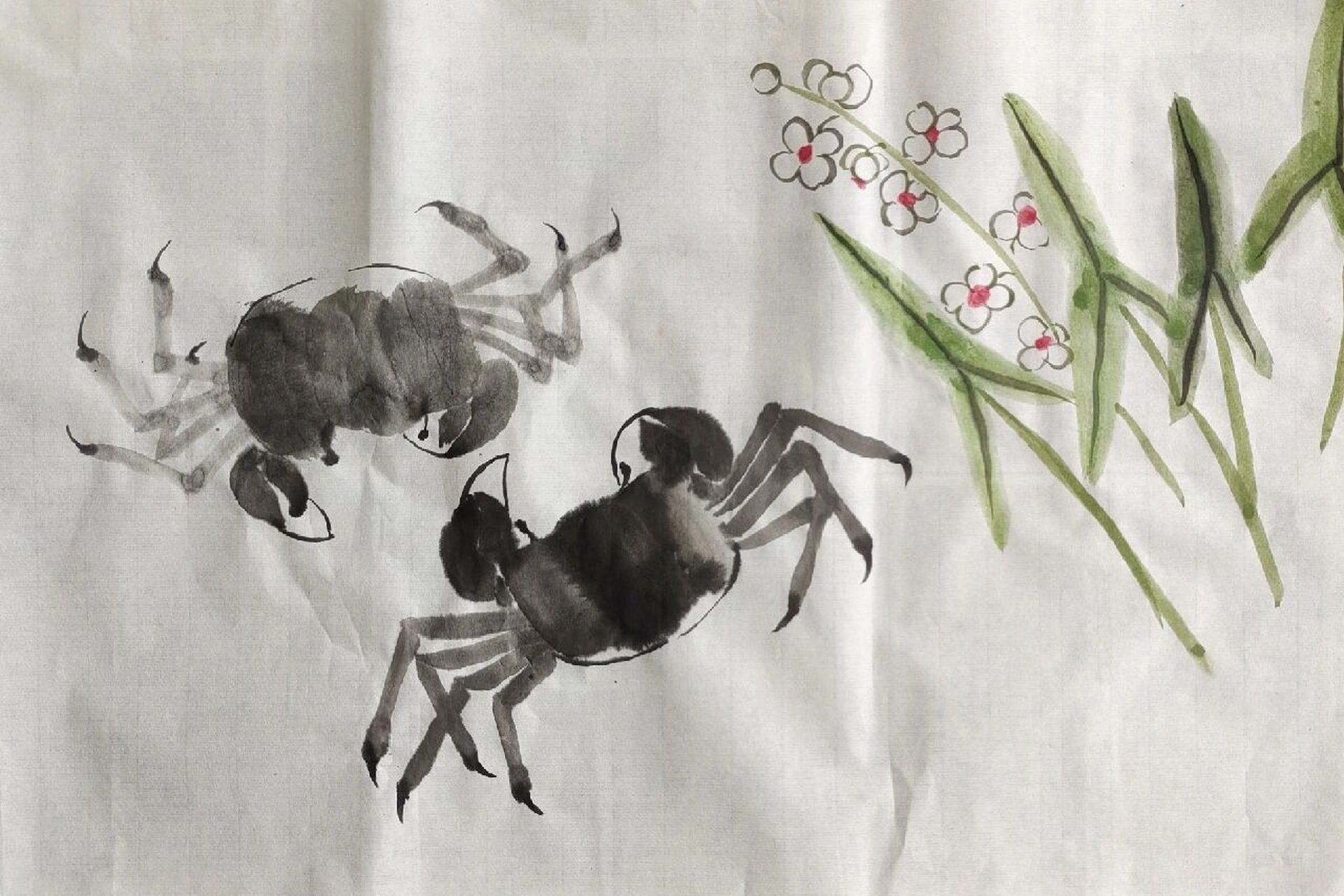 斯云堂国画写意水墨画螃蟹水草