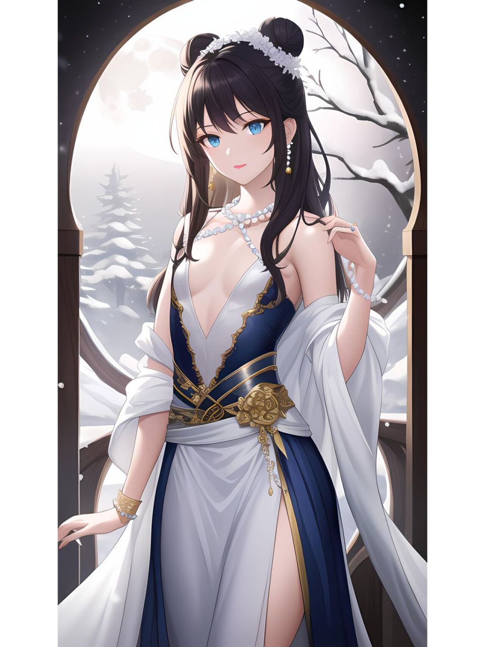 朦胧月夜下的连衣长裙女子,动漫二次元绘画