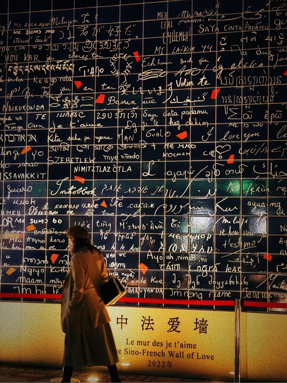 在法国巴黎 有一面红遍全球的"爱墙" 上面用百种语言和字体刻上了我 