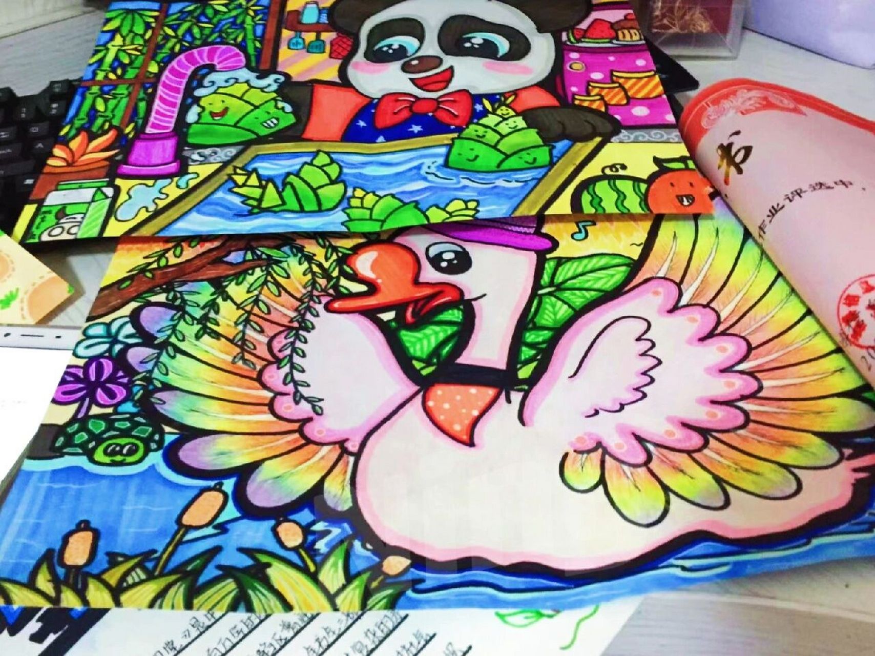 动物简笔画儿童画 游泳的大白鹅and宝宝巴士小熊猫94来喽