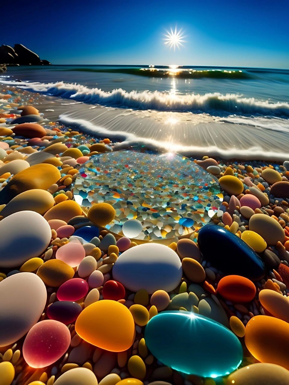 梦幻美丽的沙滩,许多五颜六色的鹅卵石 梦幻美丽的沙滩,许多五颜六色