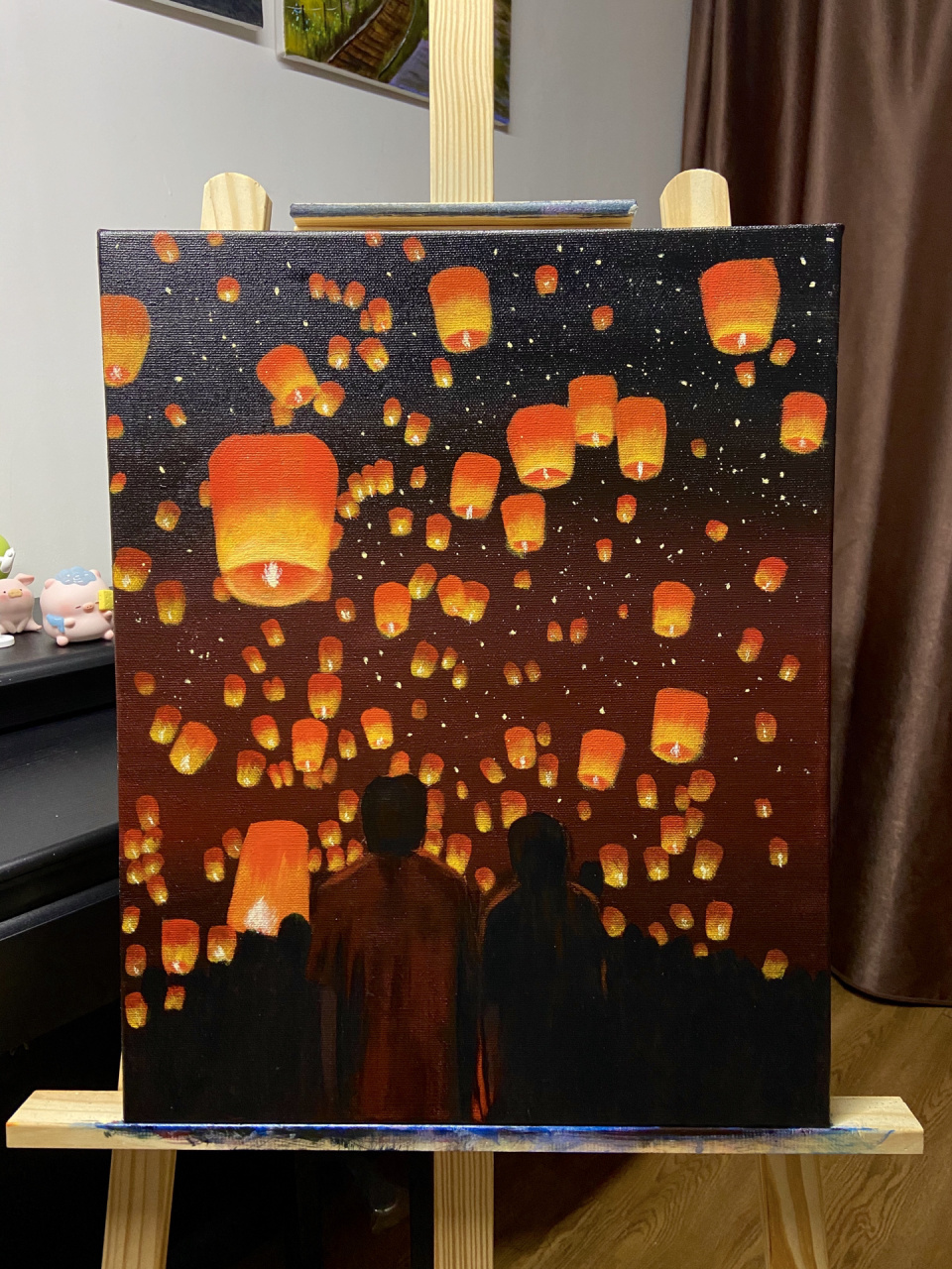 手绘丙烯画《孔明灯》新鲜出炉998215 万家灯火,有你有我 这幅