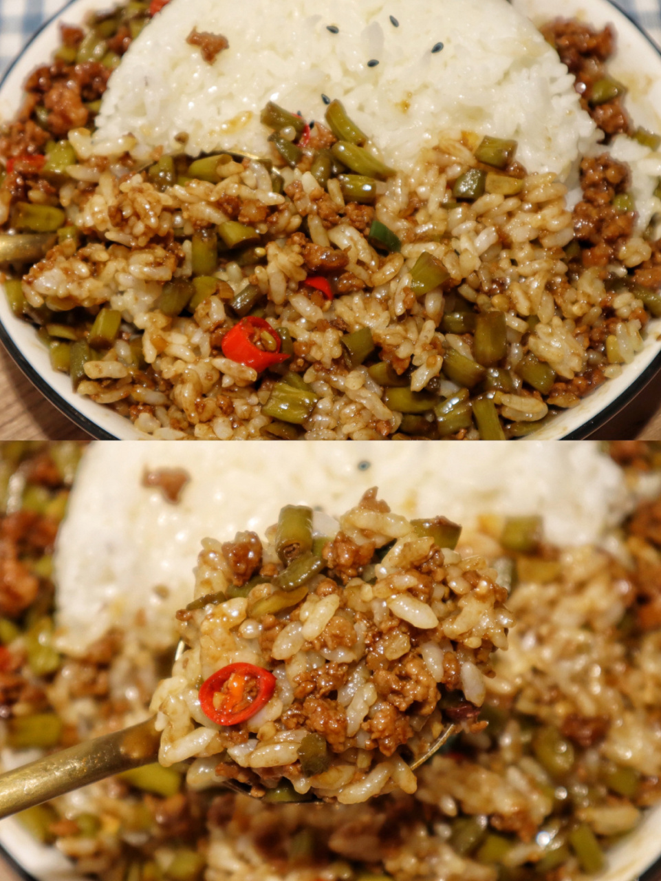 95准备食材 酸豆角150g 猪肉300g(3分肥 7分瘦)青红辣椒圈 95