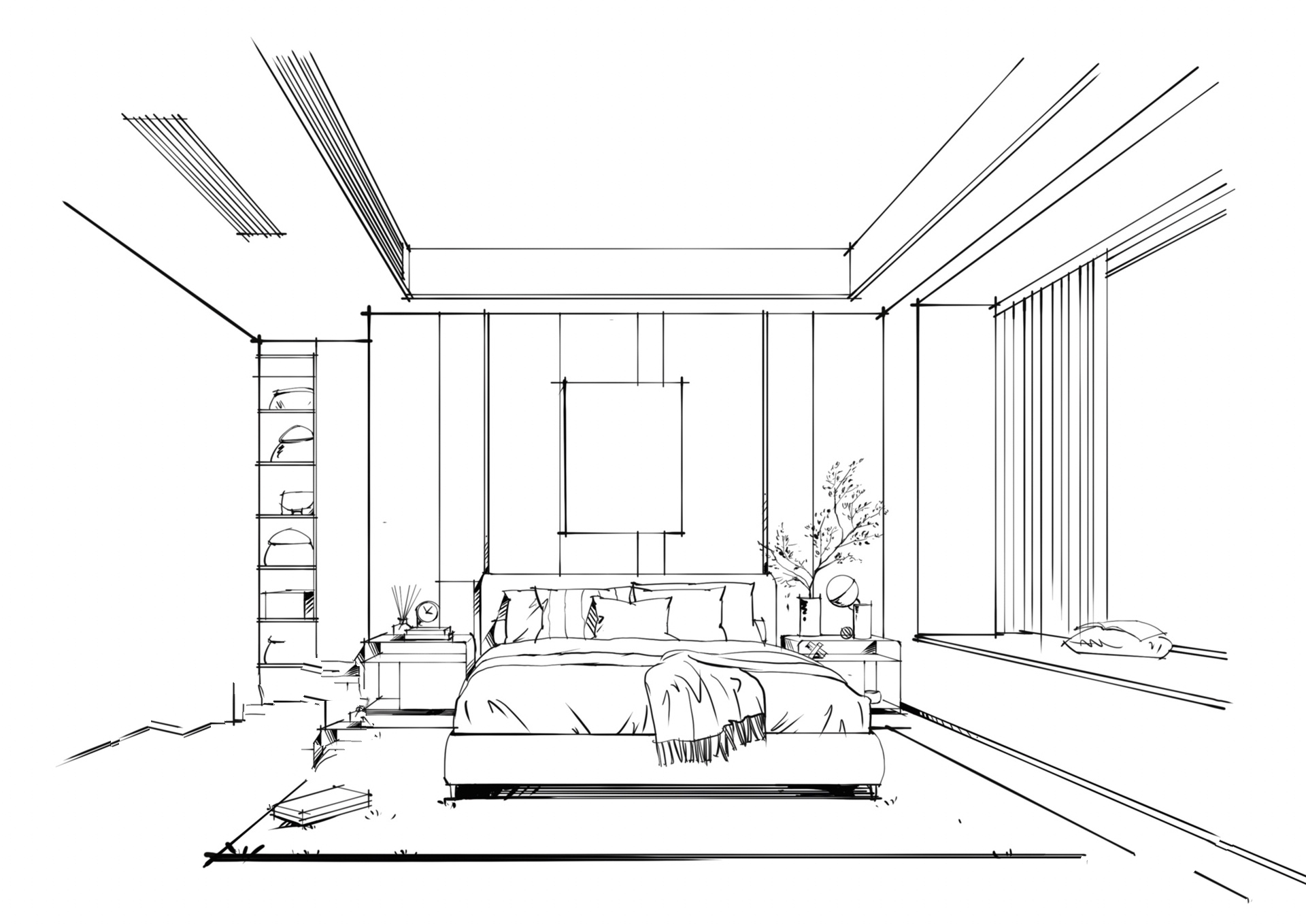 卧室空间怎么画 透视:一点透视 风格:现代风格 在绘画之前要先找到