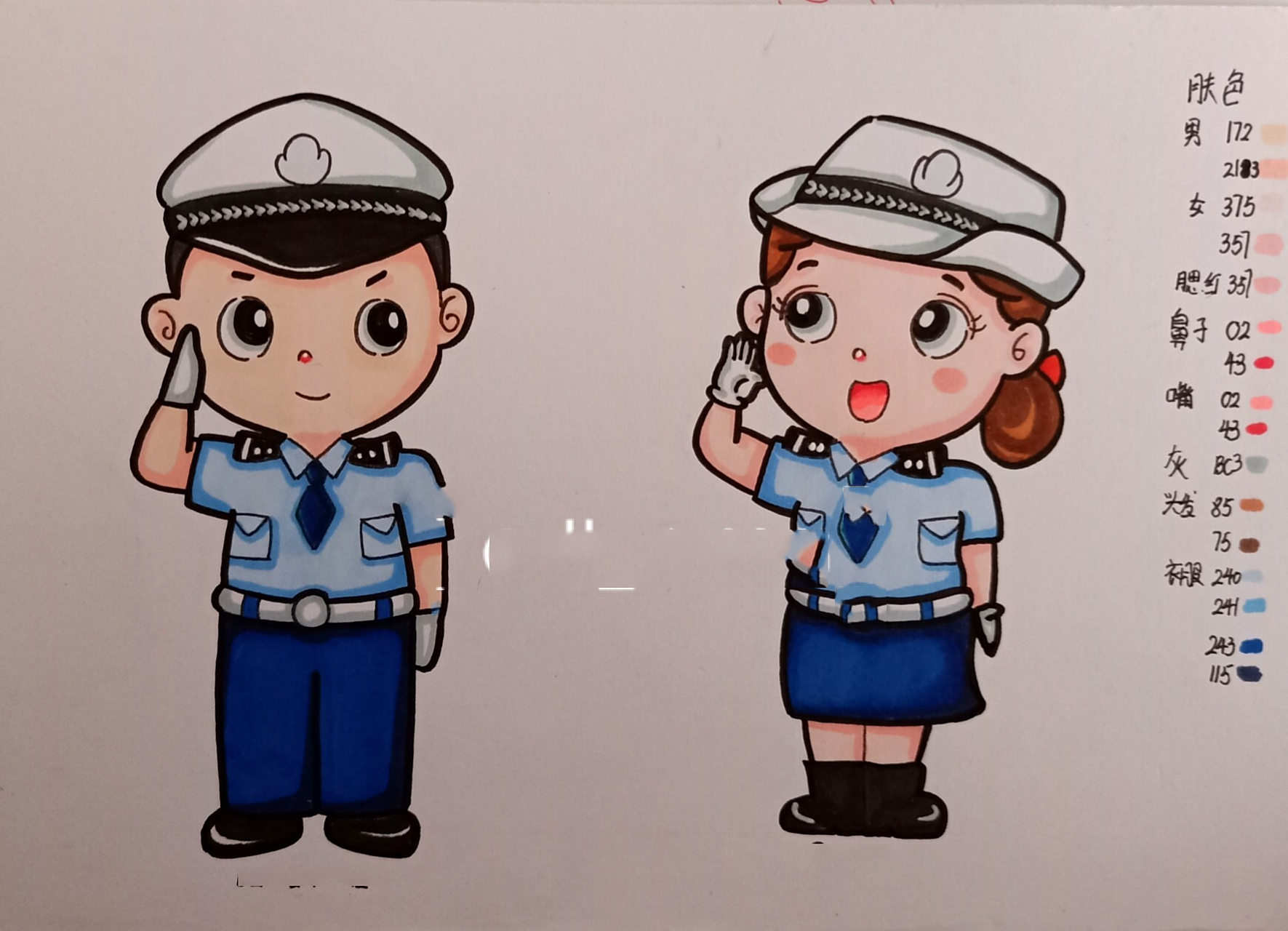 简笔画 单个人物 警察 常用人物动态 工具 94勾线笔 高光笔99樱花