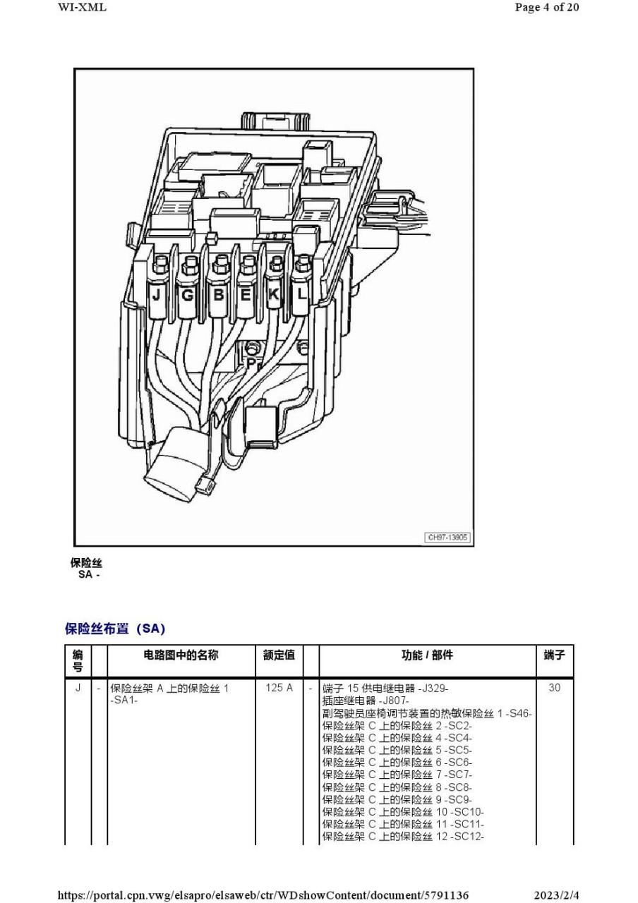 2017-2022年款大众途观l保险丝继电器安装位置图及其功能详细说明