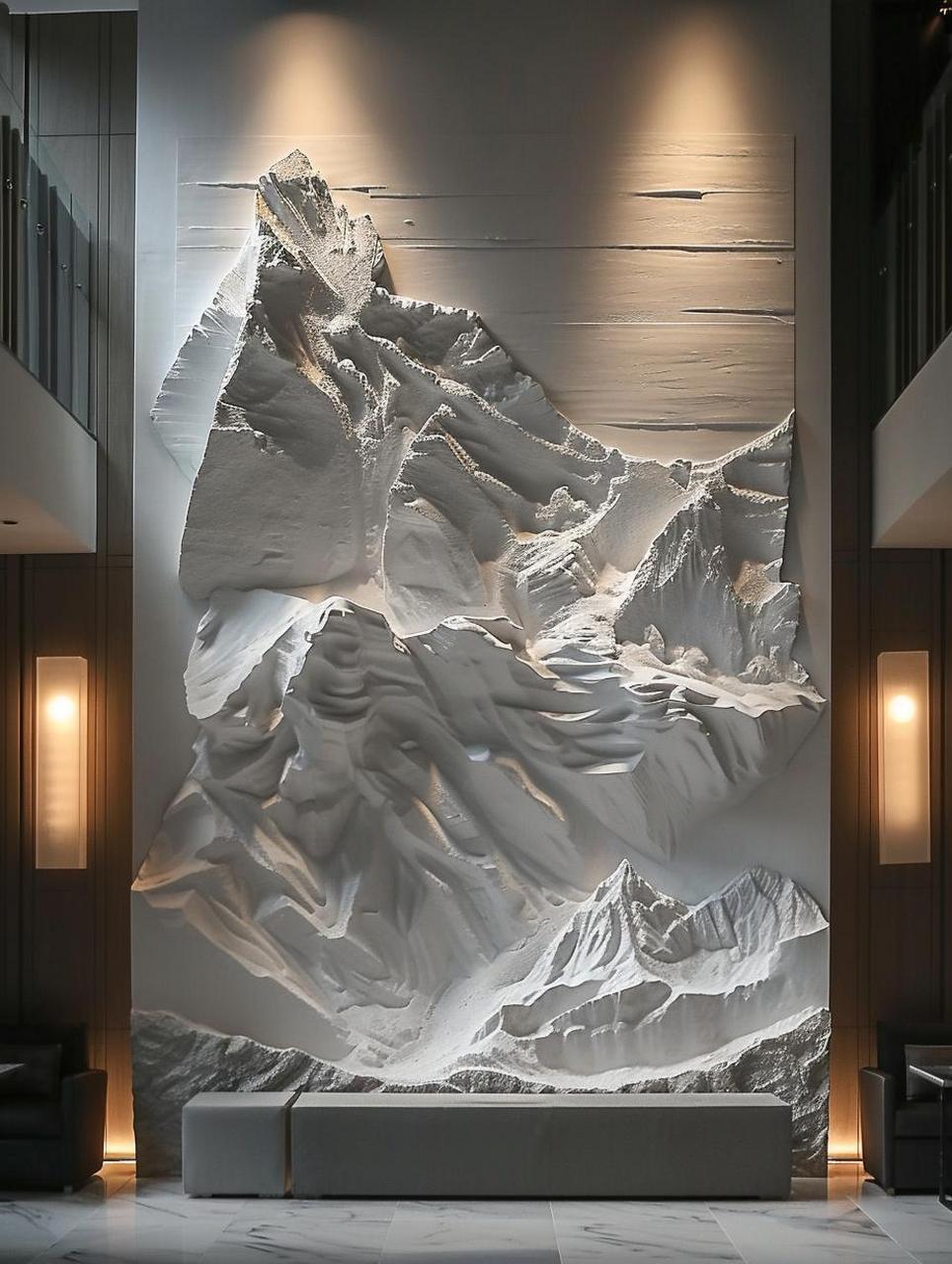 新中式简约风珠穆朗玛峰雪山浮雕壁画背景墙设计,高端大气,"原创雪山