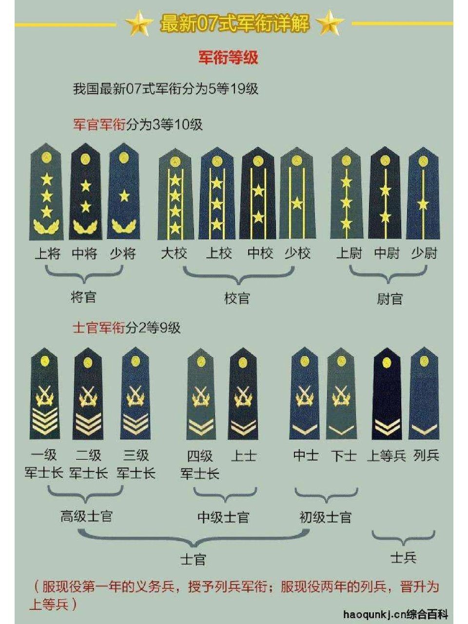 1,上将 陆军上将07式军衔肩章,松枝绿色肩章底色,缀有金色枝叶和三颗