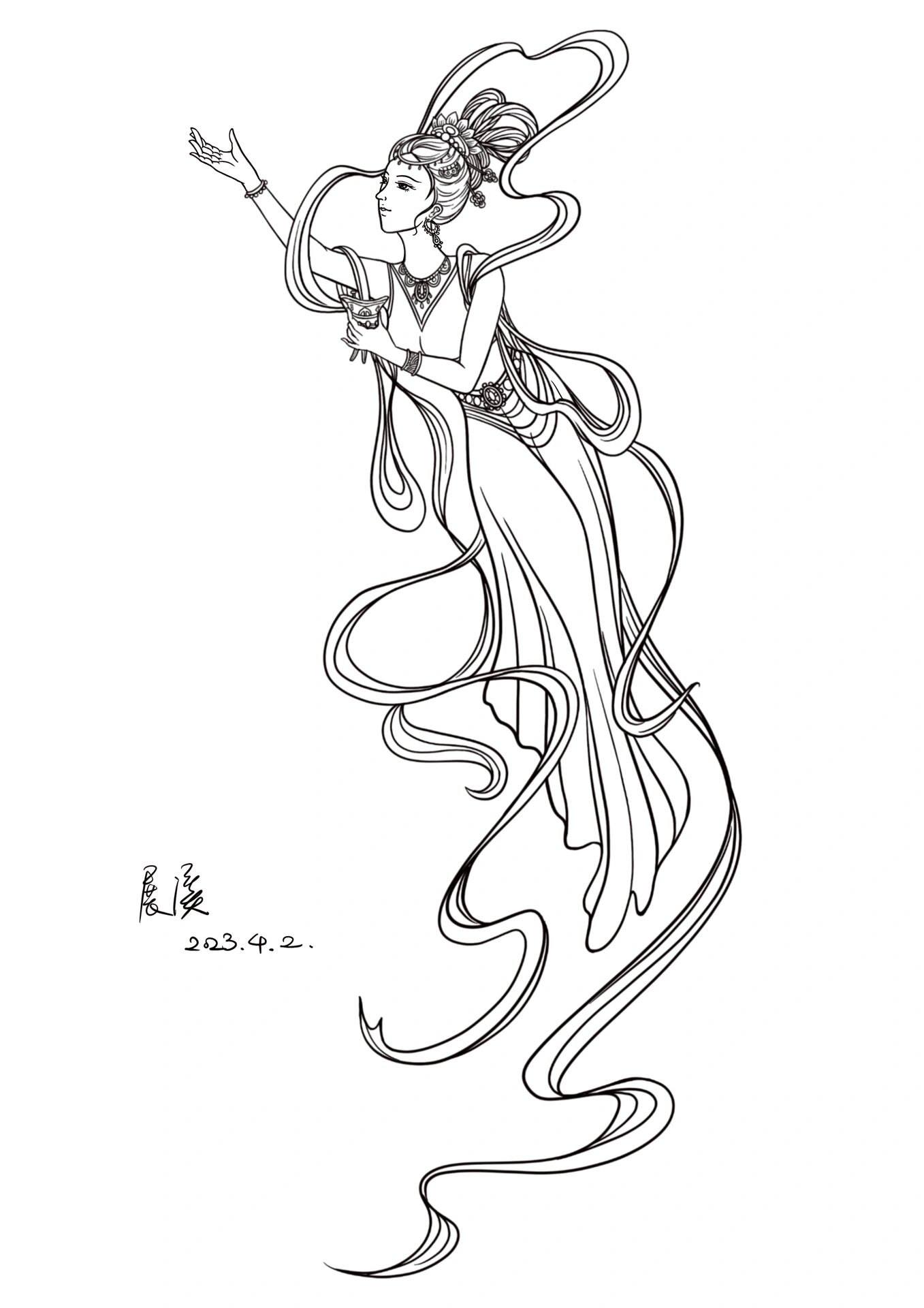 敦煌飞天仙子白描线稿 白酒包装原创插画