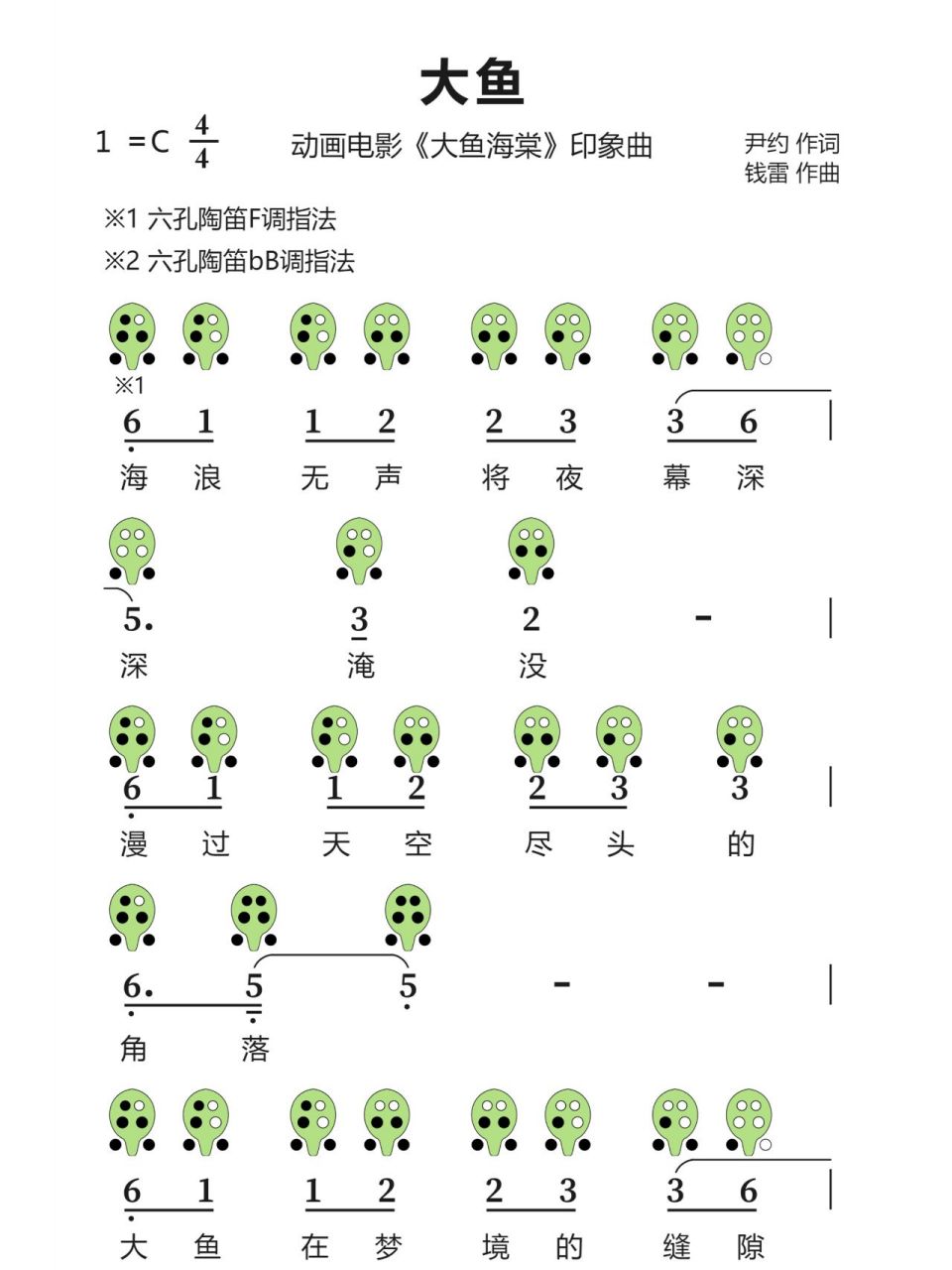 《大鱼》6孔陶笛曲谱 欢迎一起交流陶笛心得 需要更多曲谱欢迎留言