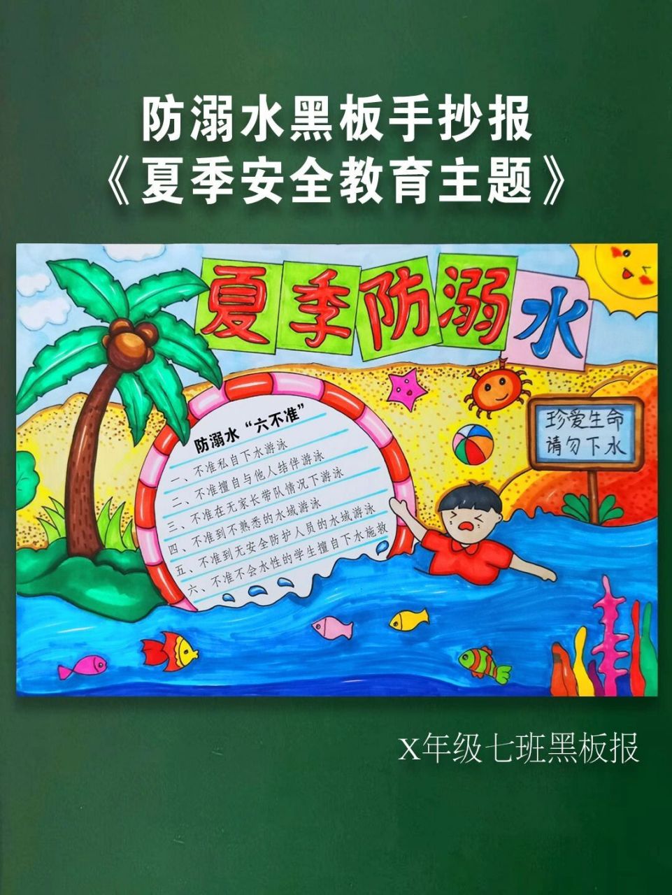 夏季安全教育主题画《夏季防溺水》手抄报