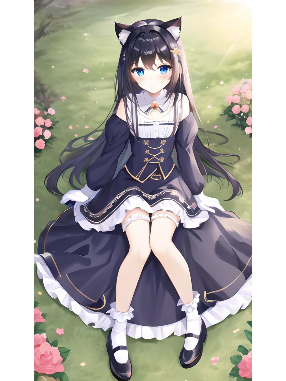 猫耳黑白长裙,动漫二次元绘画女孩