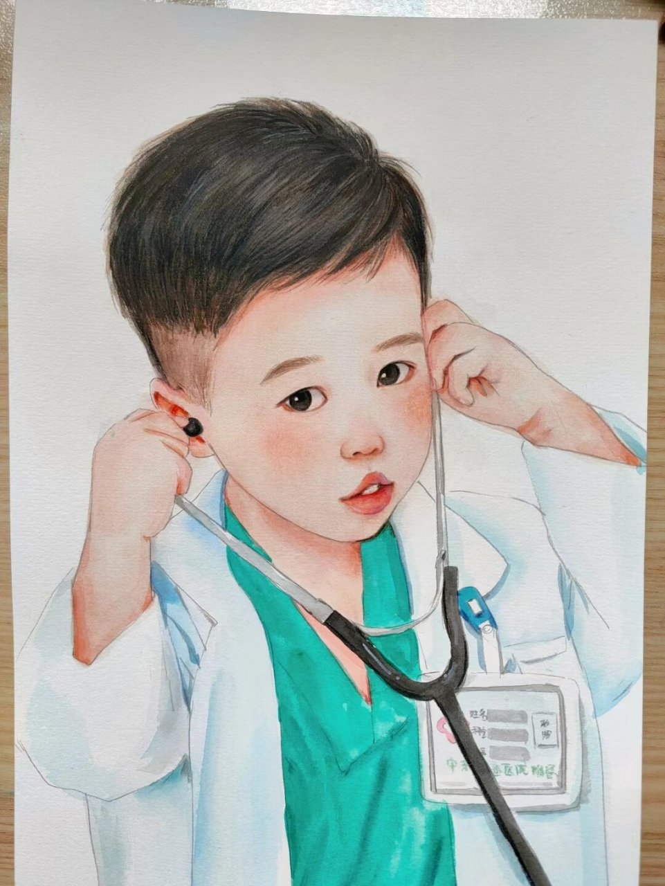 我的梦想是长大当医生 手绘水彩人物定制画 小小医生 纸:宝虹 颜料